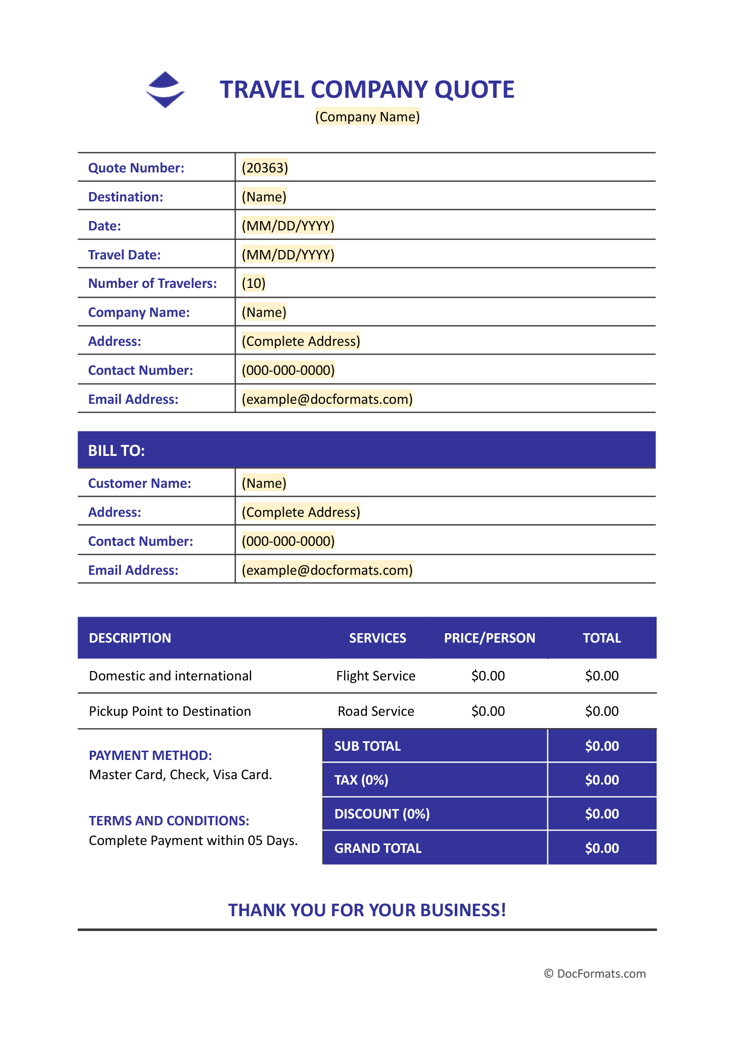 Travel Company Quote Template - Word, Google Docs, PDF