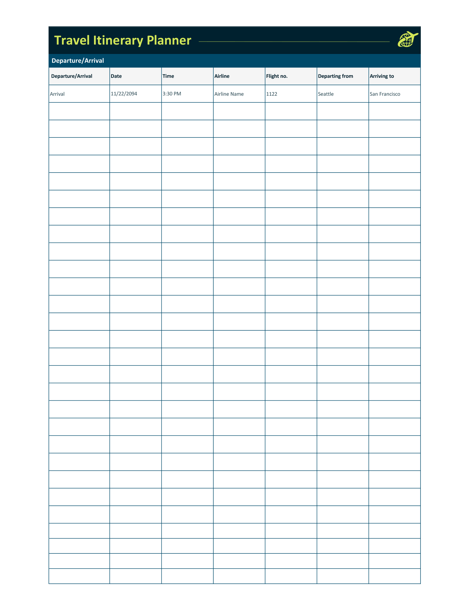 Travel Itinerary Planner Template - Excel, Google Sheets