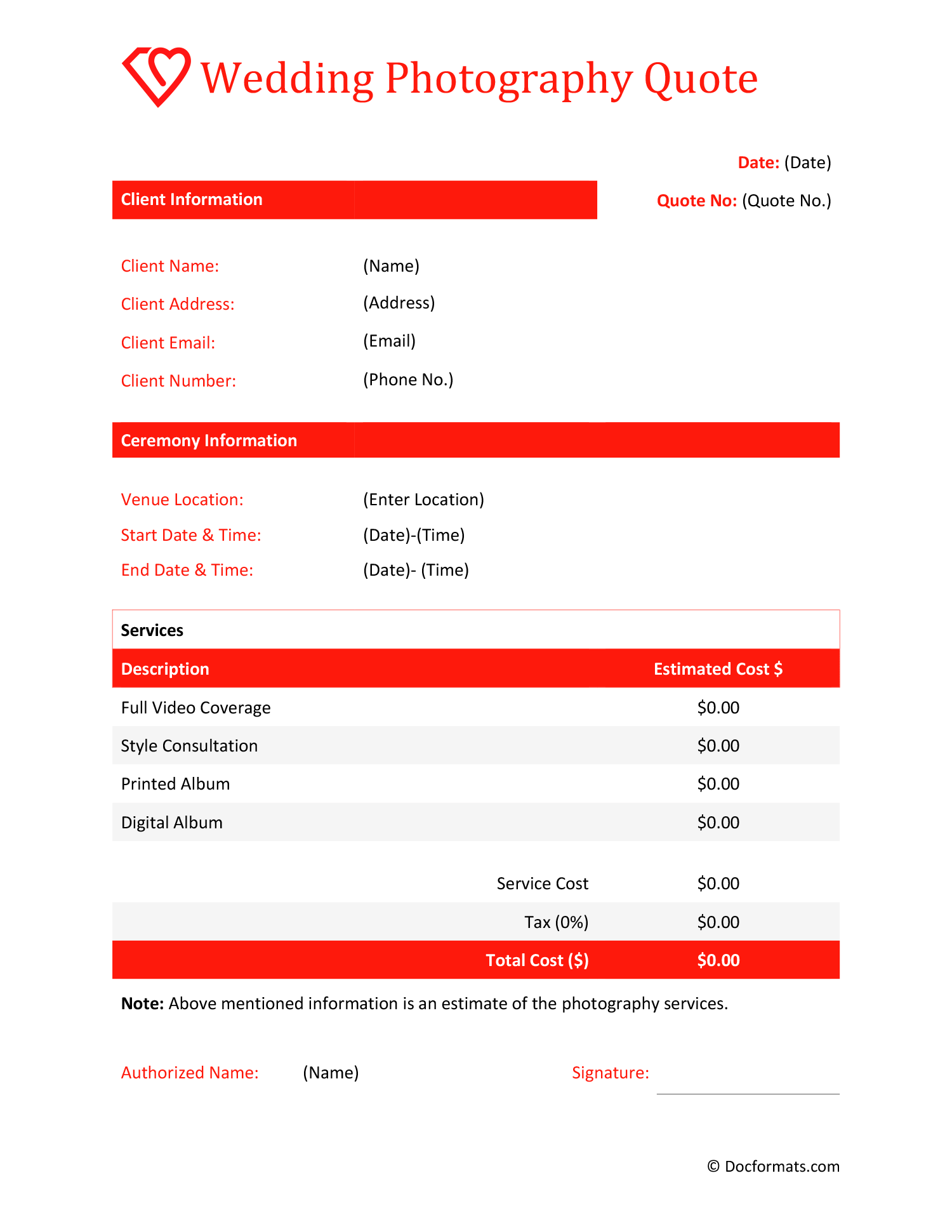 Wedding Photography Quote Template - Word, Google Docs, Excel, Google Sheets, PDF