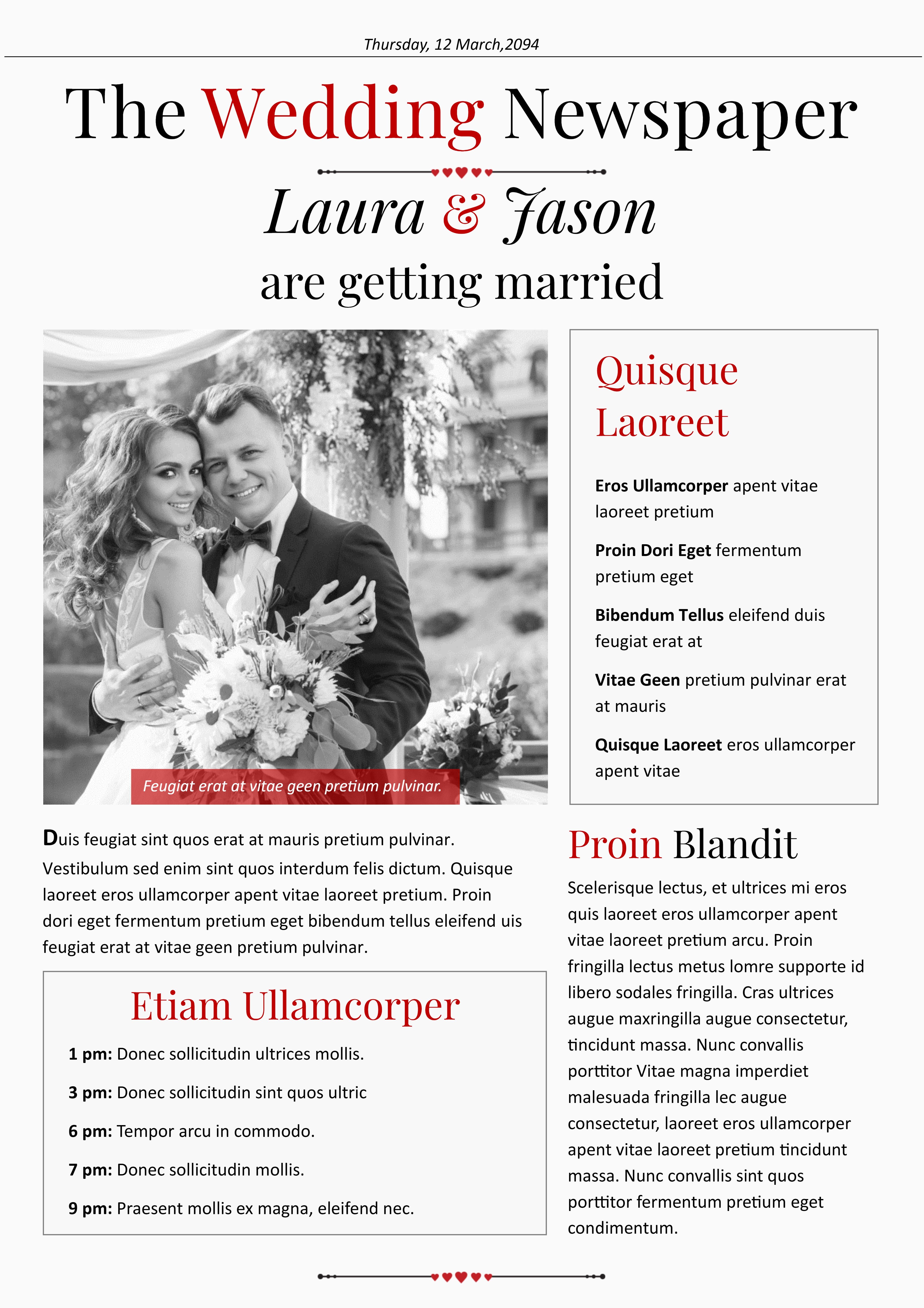 Black and White Wedding Program Newspaper Template - Google Docs, Word