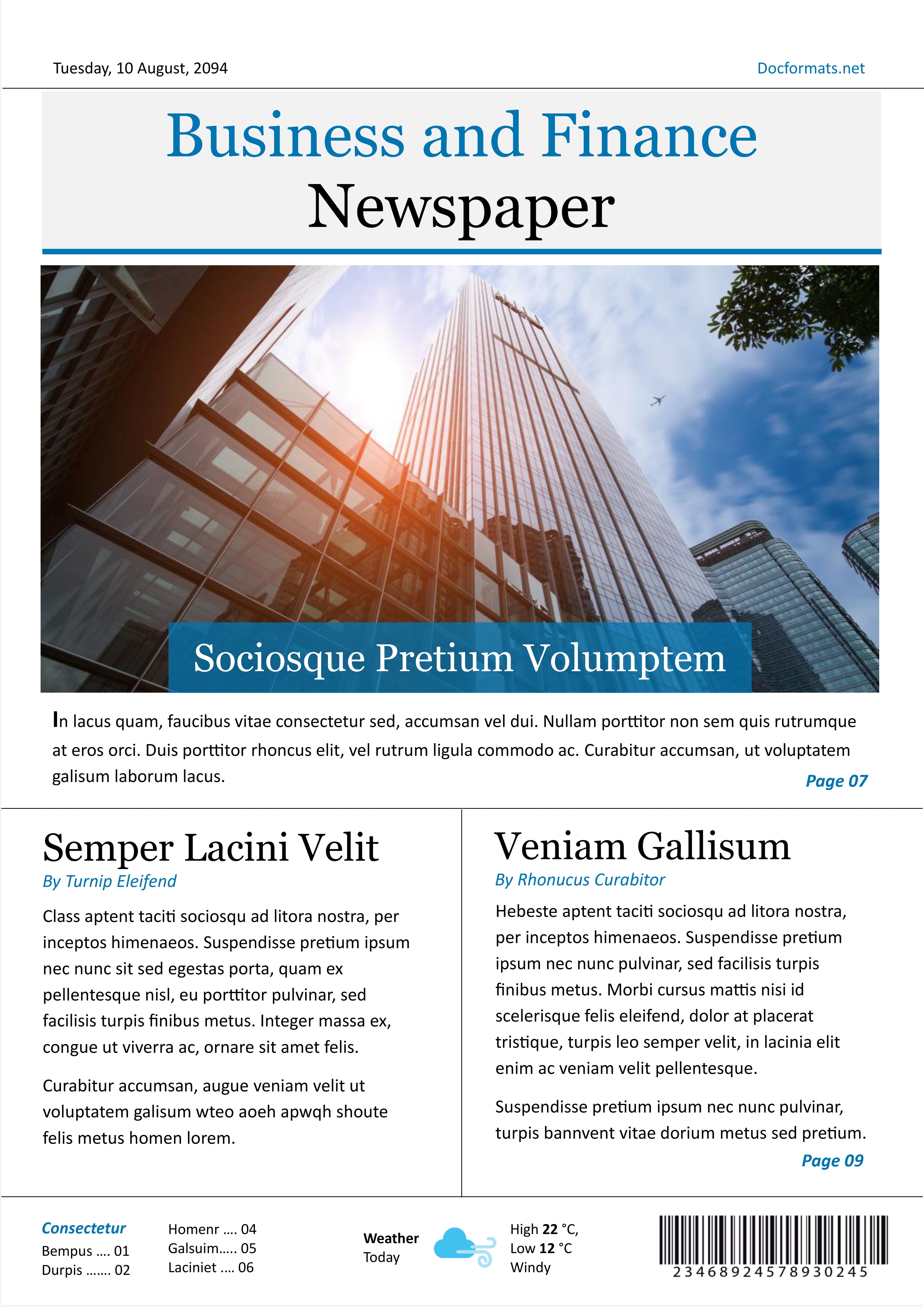 Business and Finance Newspaper Template - Google Docs, Word