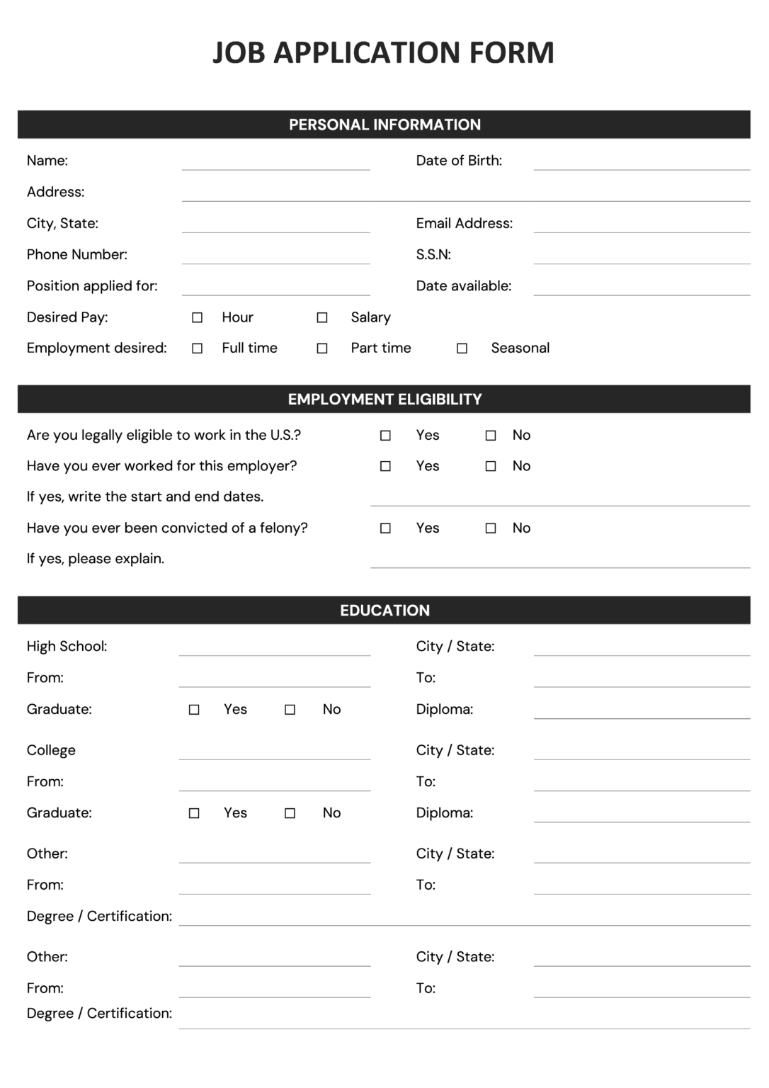 Free Job Application Form Template (Word, PDF, Google Docs)