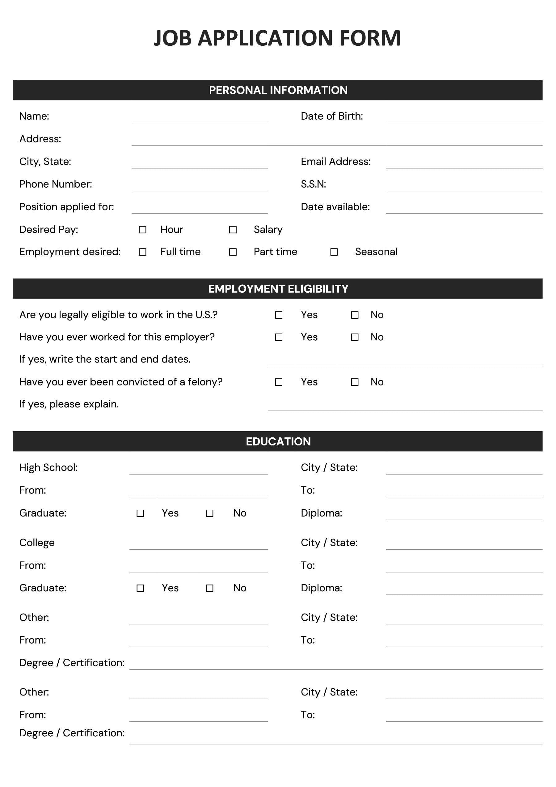 Job Application Form Template - Google Docs, Word - Page 01