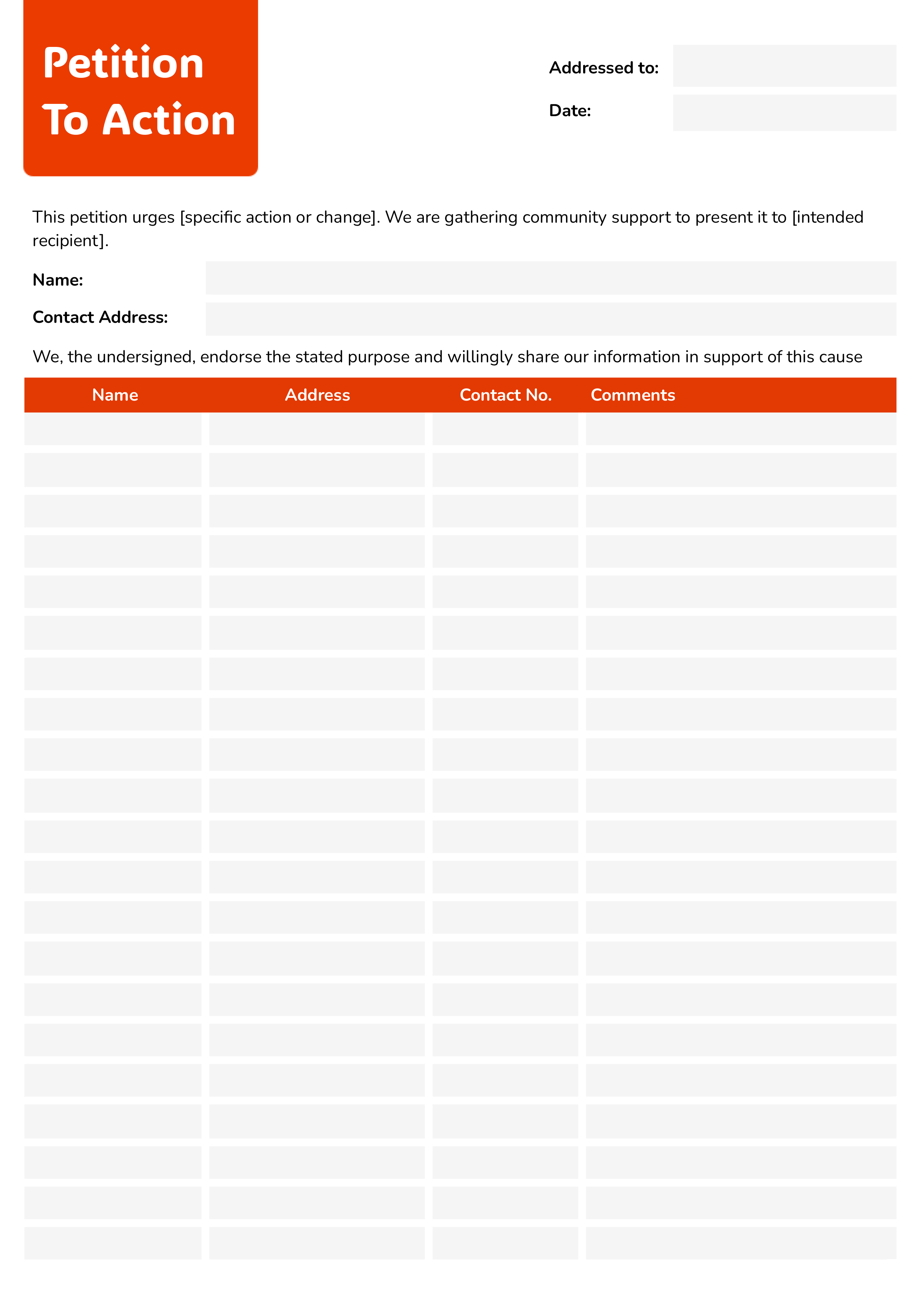 Blank Petition to Action Sheet Template - Google Docs, Word