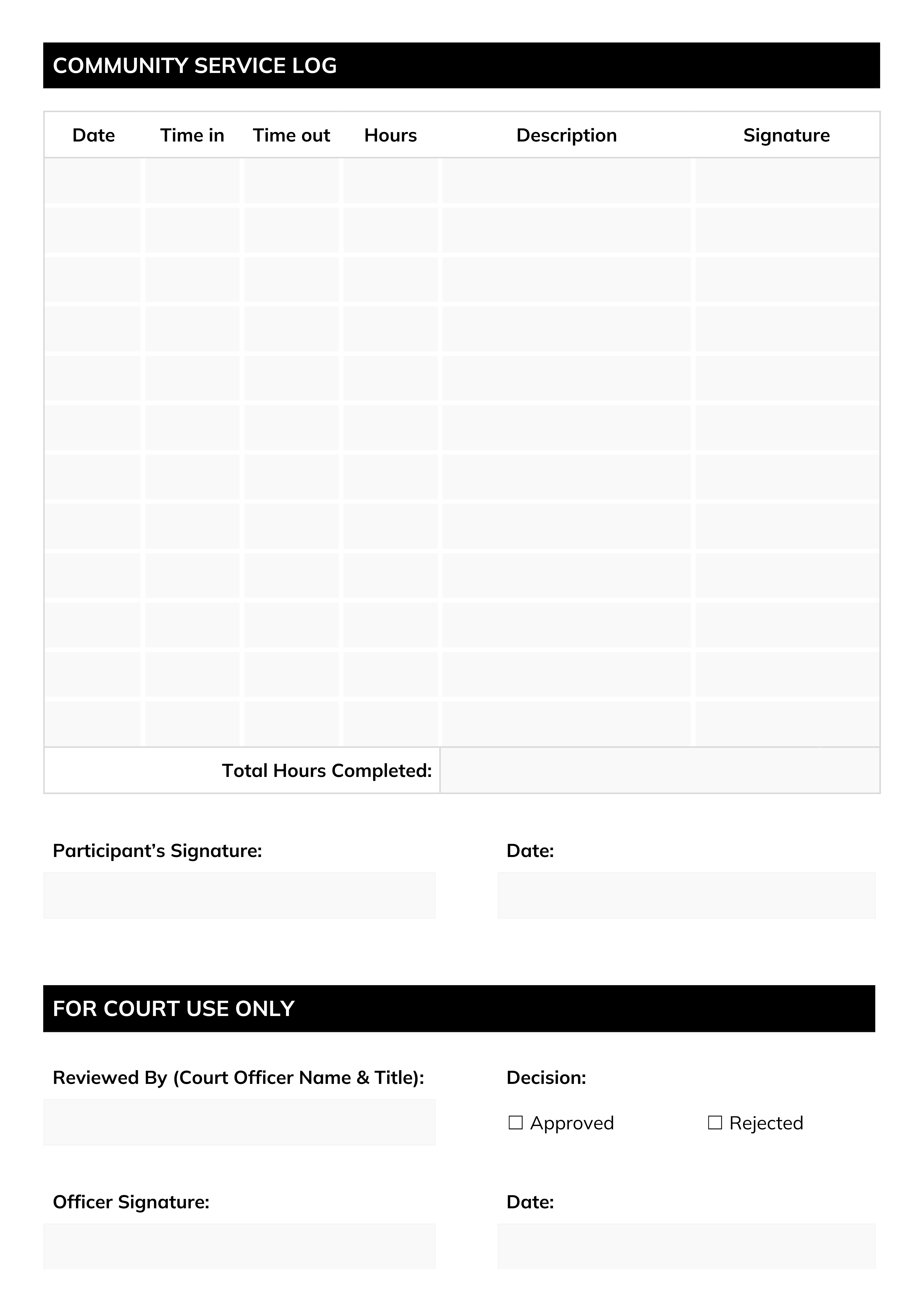 Community Service Form for Court - Google Docs, Word - Page 02