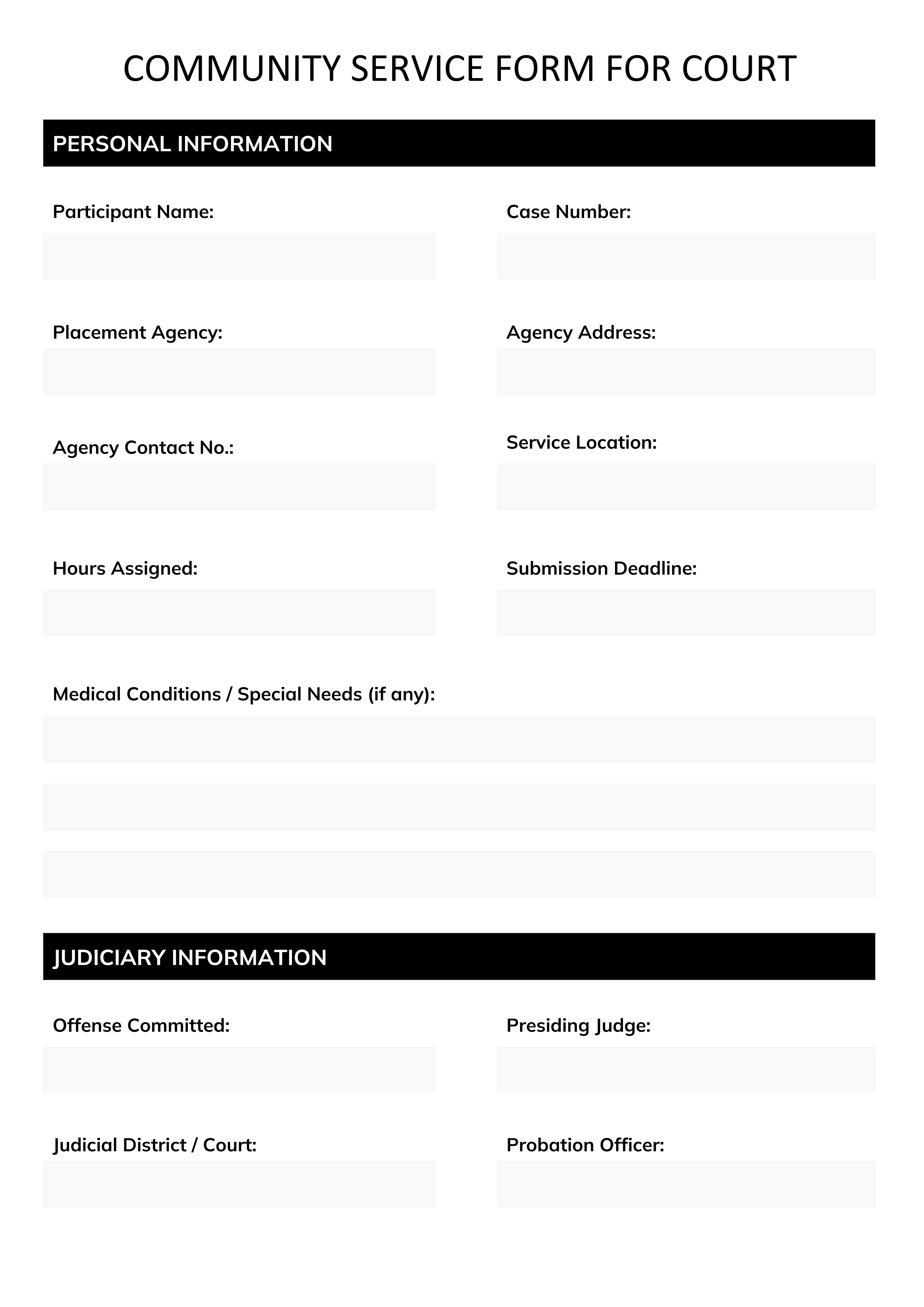 Community Service Form for Court - Google Docs, Word