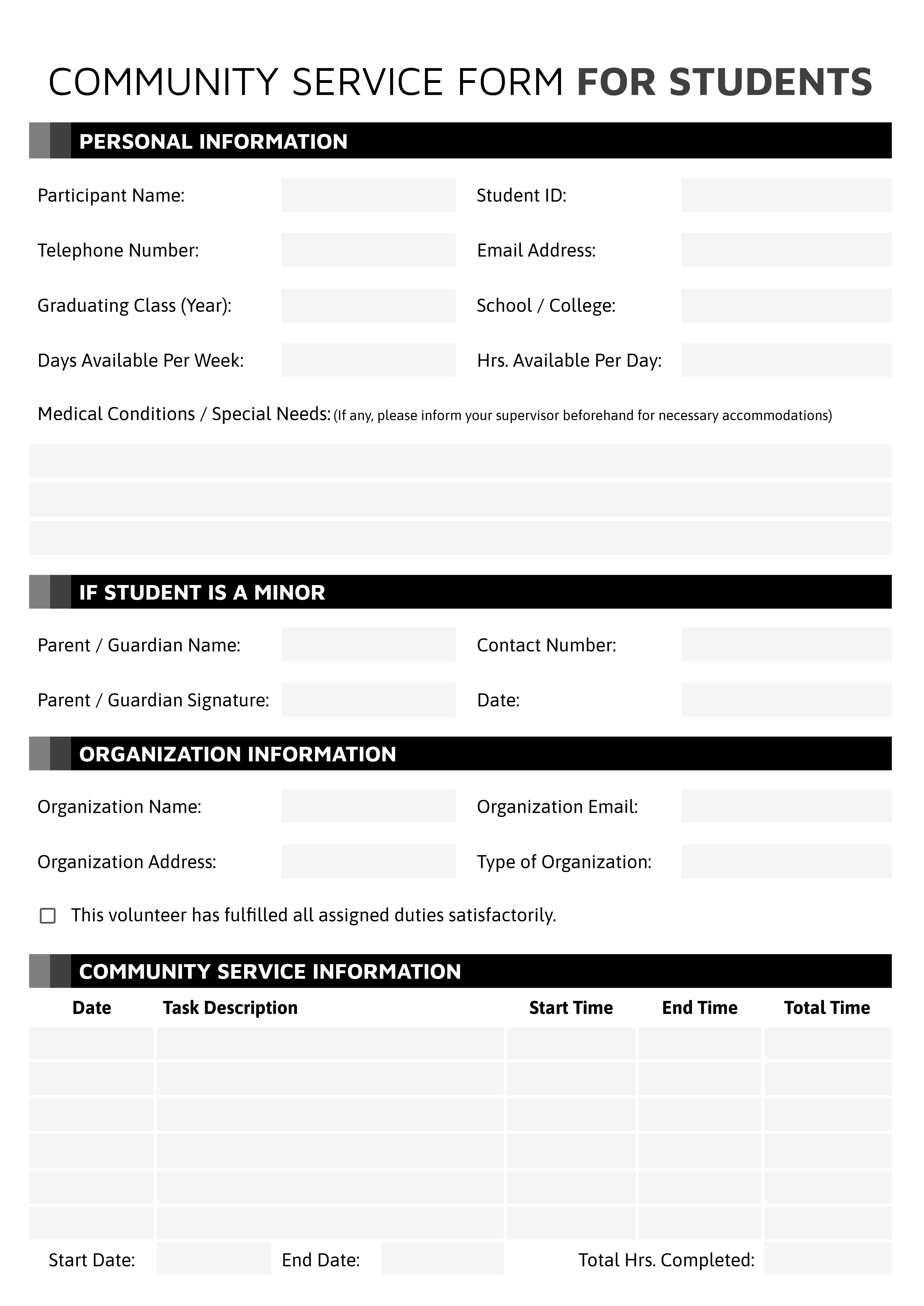 Community Service Form for Students - Google Docs, Word, PDF