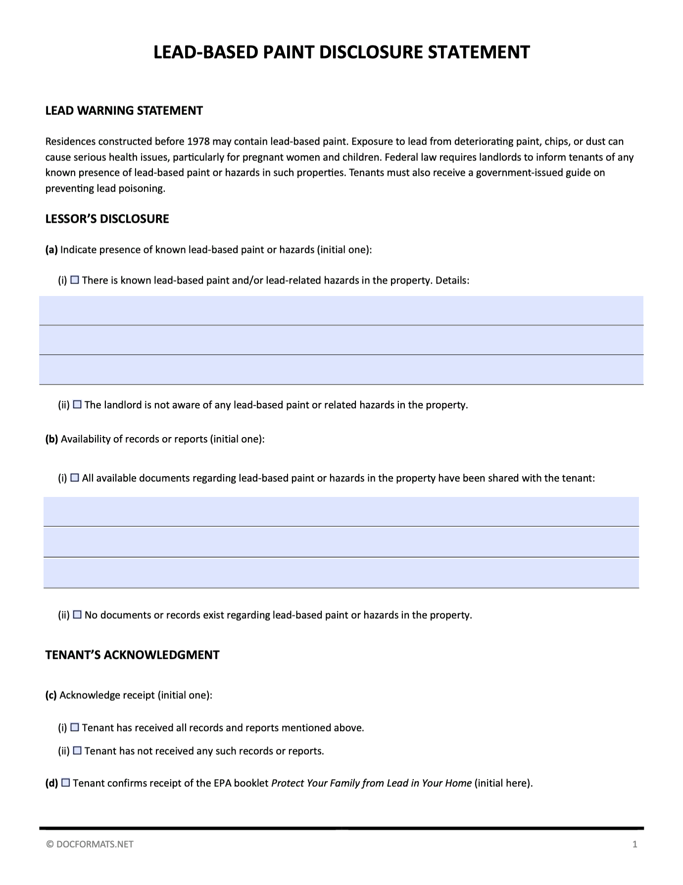 Lead-Based Paint Disclosure Form for Landlords - Page 01 in Word, Google Docs, and PDF