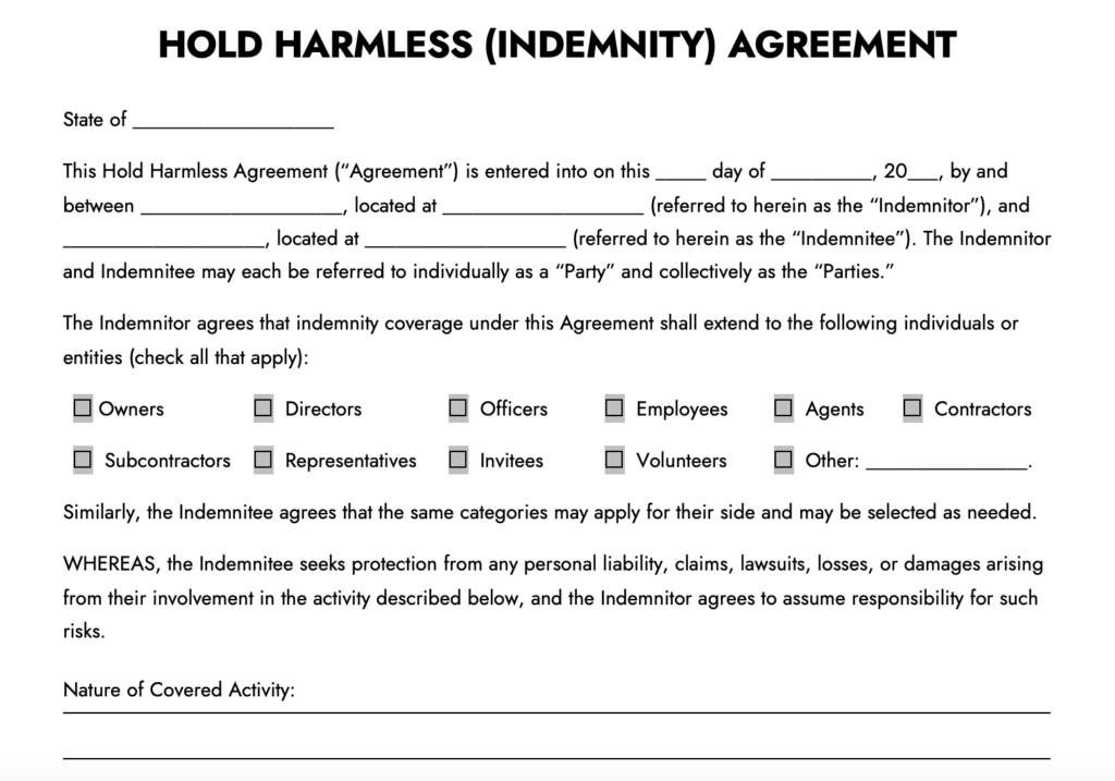 Hold Harmless Agreement - Identification of Parties