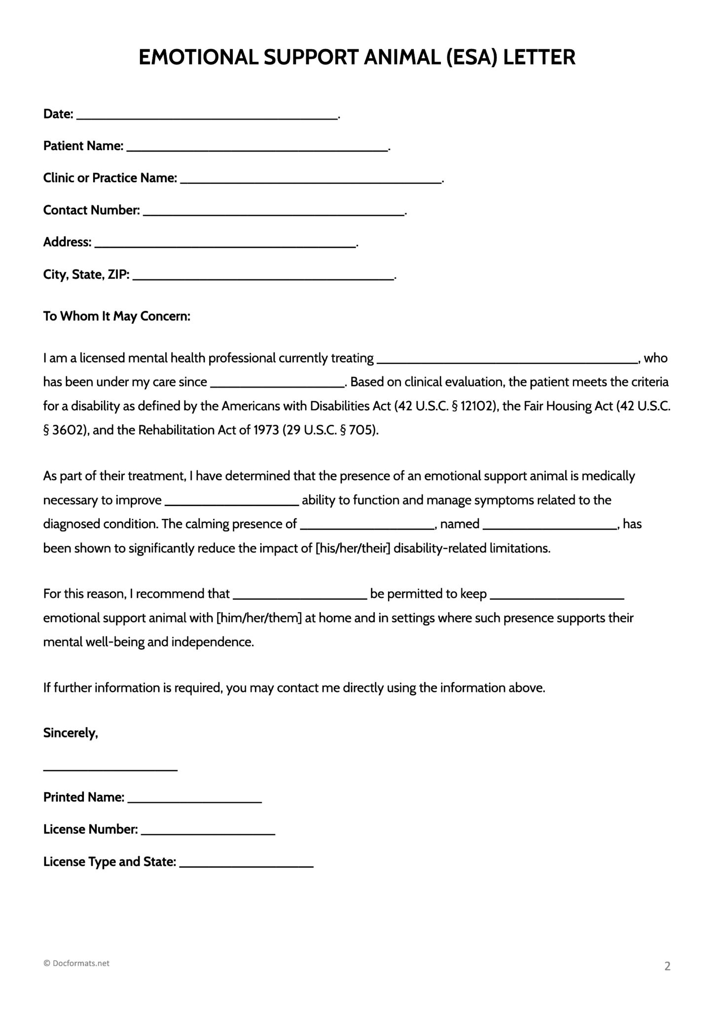Emotional Support Animal (ESA) Letter - Word | Google Docs | PDF