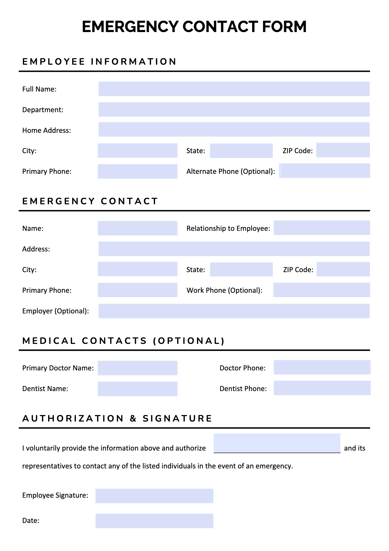 Free Emergency Contact Form in PDF