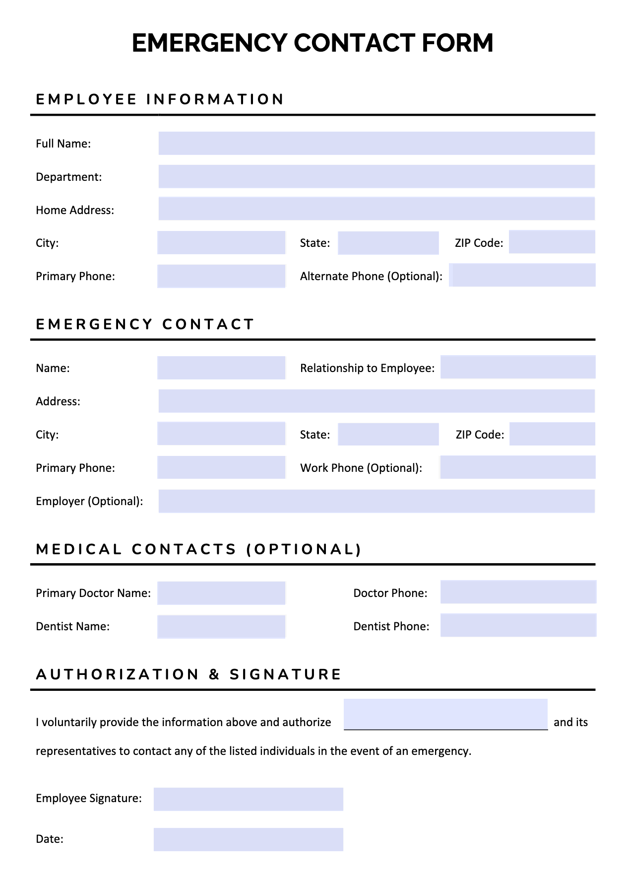 Employee Emergency Contact Form (Word | PDF | Google Docs)