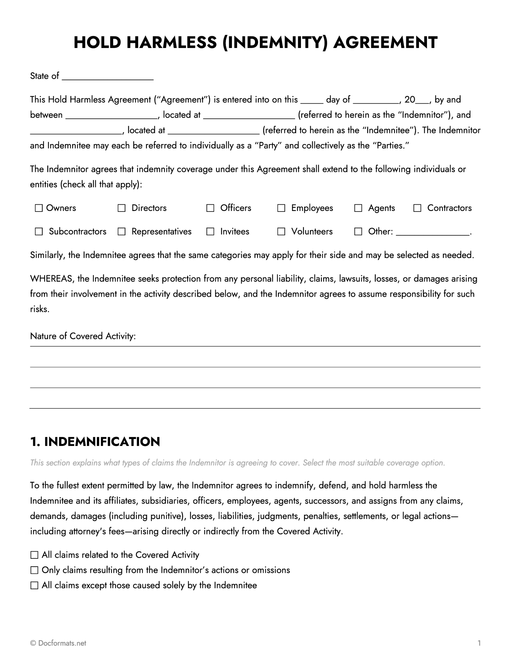 Hold Harmless Agreement - Google Docs, Word, and PDF - Page 01