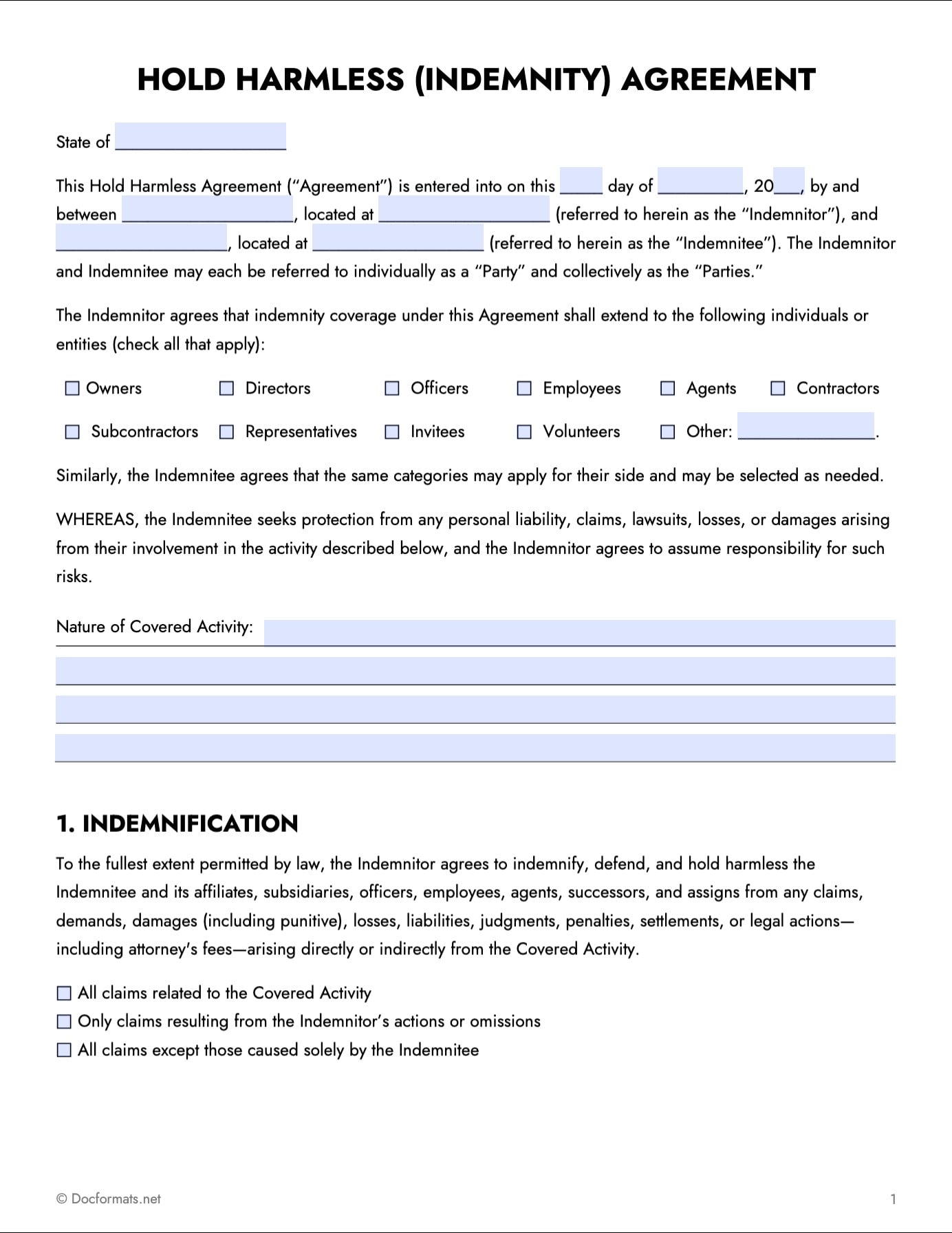 Hold Harmless Agreement Template - PDF (Page 01)