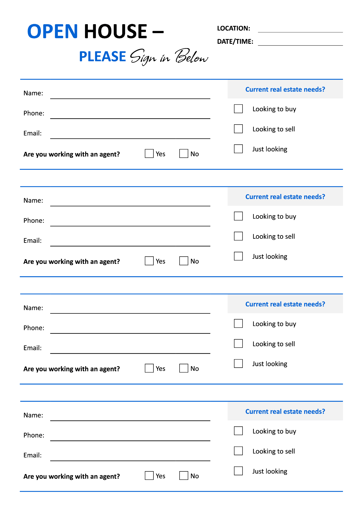 Open House Sign In Sheet - Google Docs, Word, and PDF