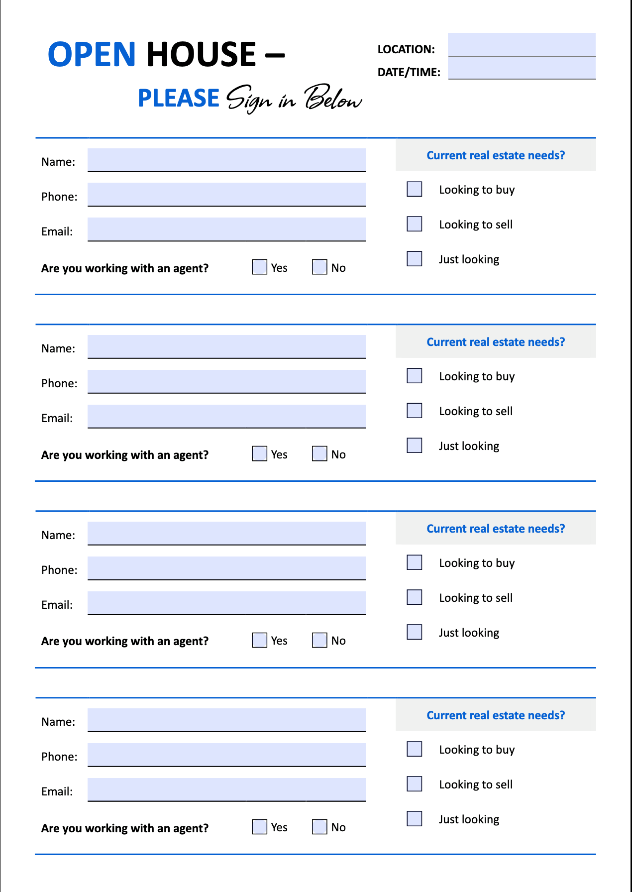 Real Estate Open House Sign-in Sheet