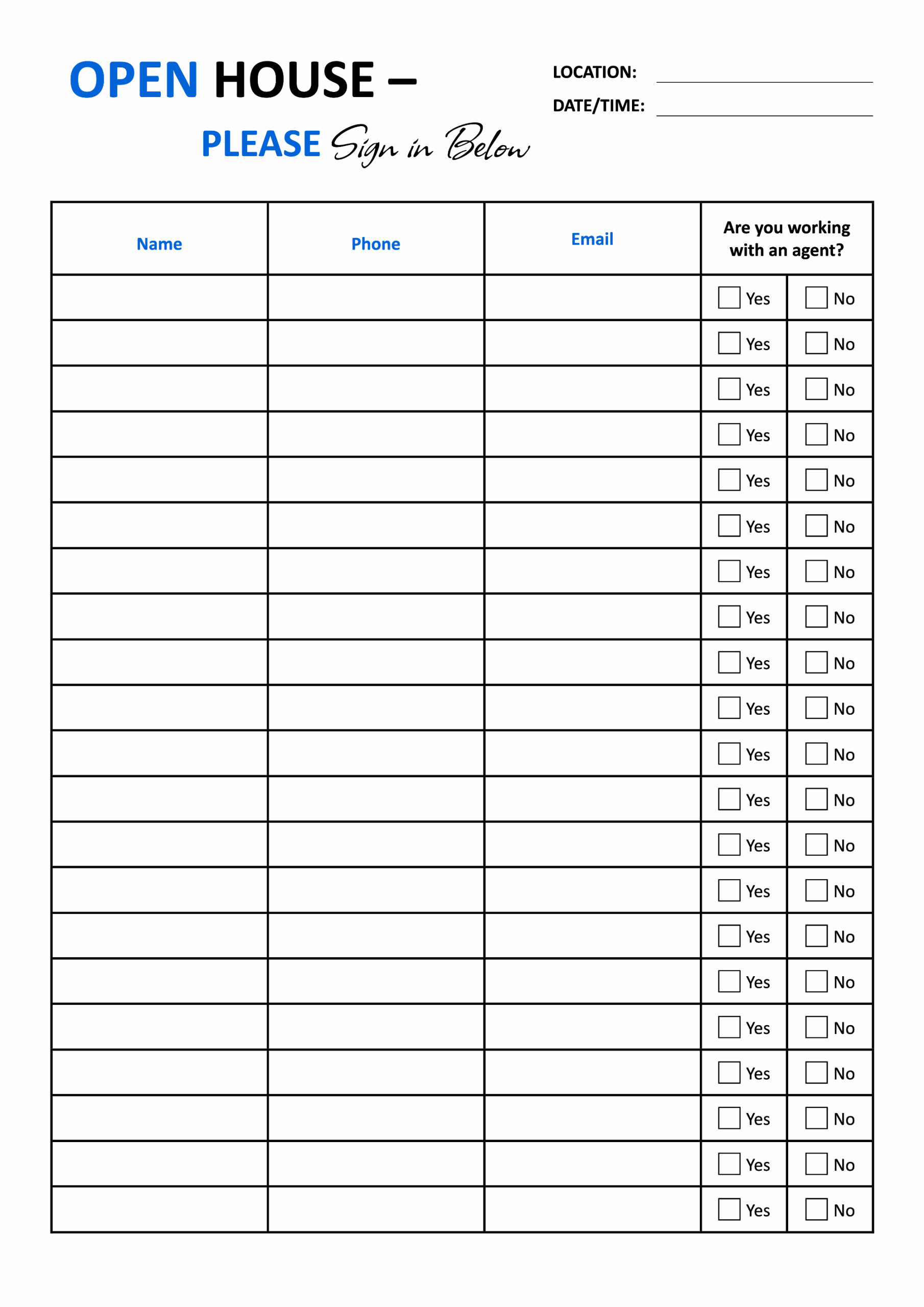 
Simple Real Estate Open House Sign-in Sheet - Google Docs, Word, and PDF