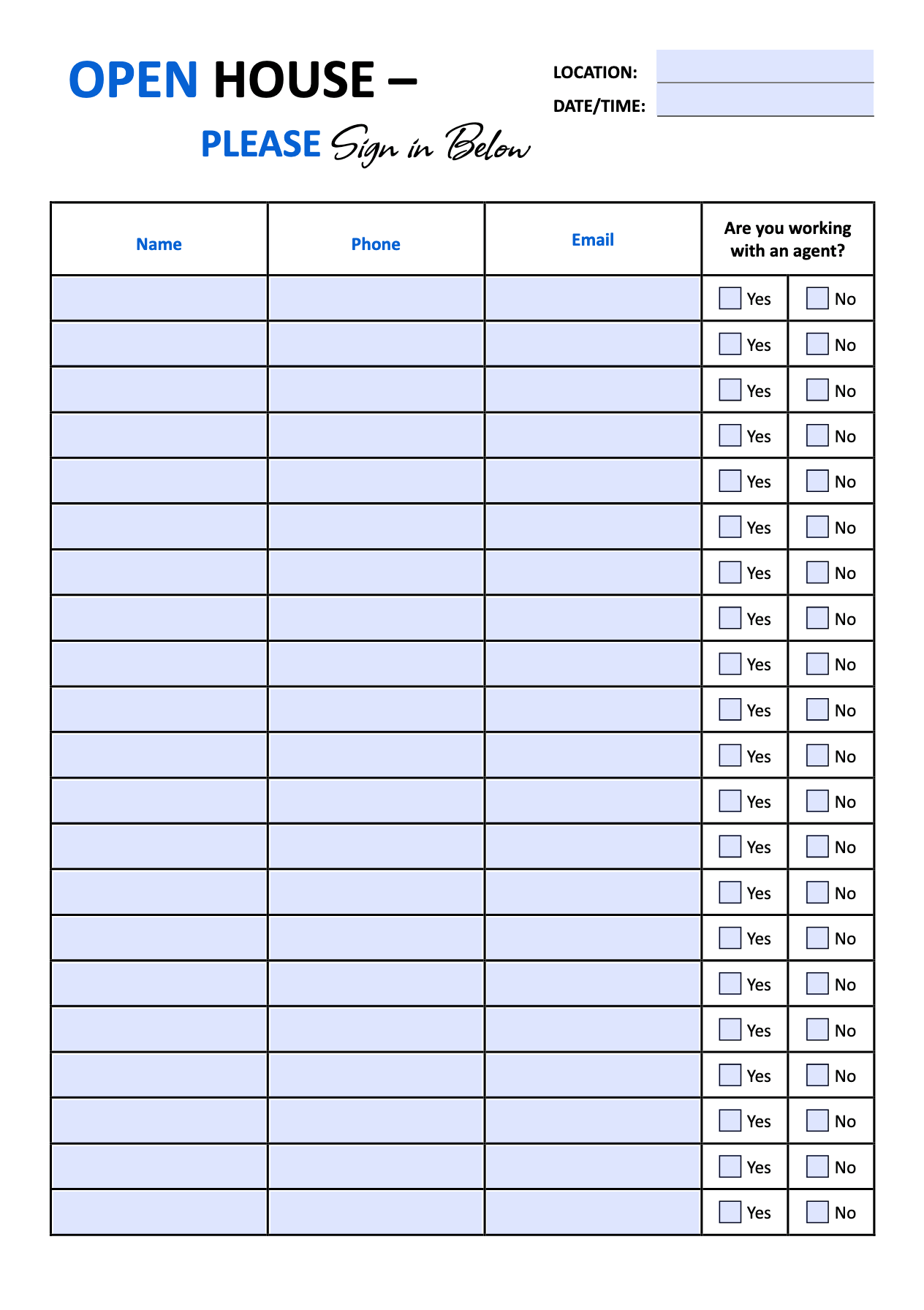 Simple Real Estate Open House Sign-in Sheet