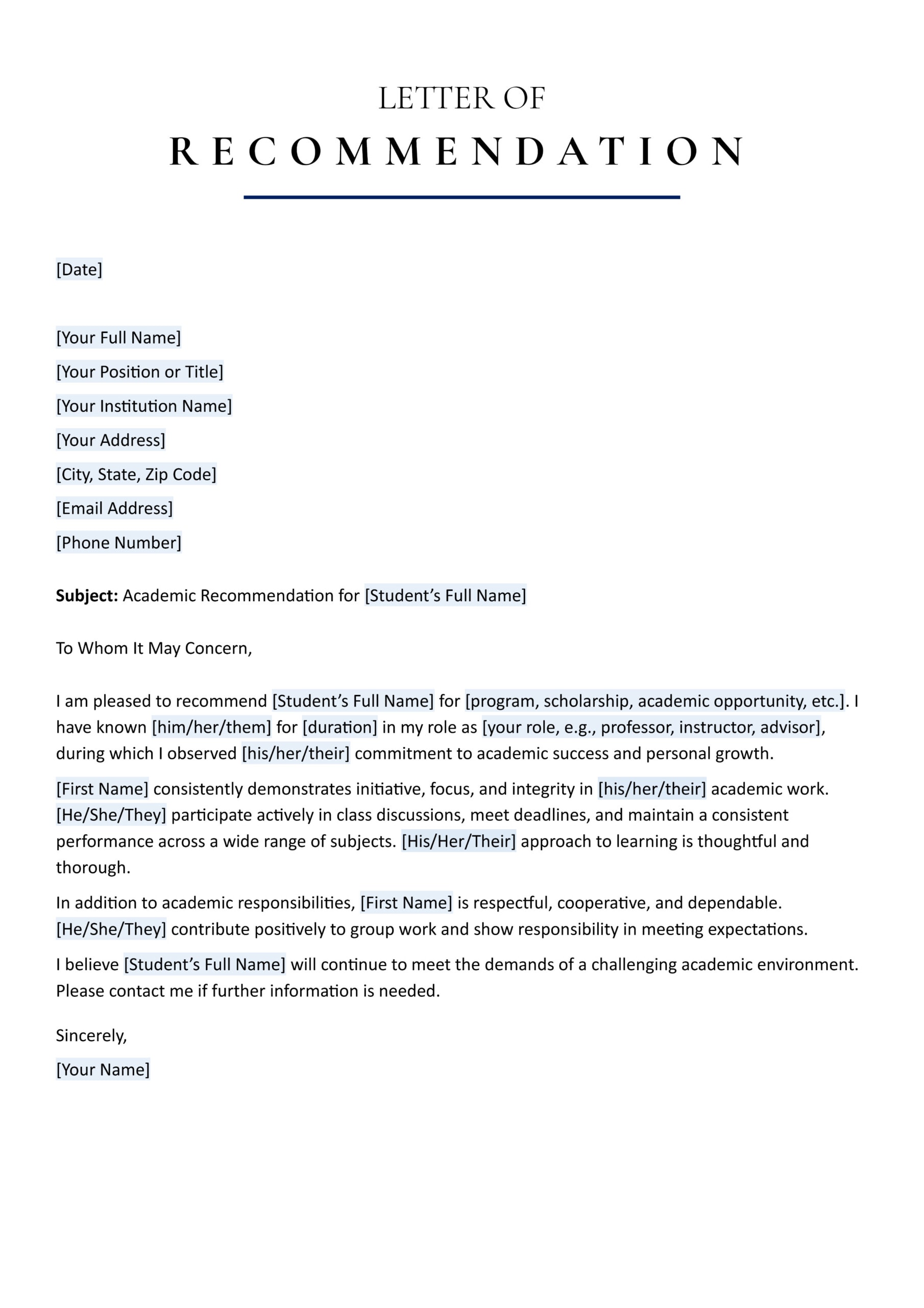 Academic Letter of Recommendation Template - Word, Google Docs