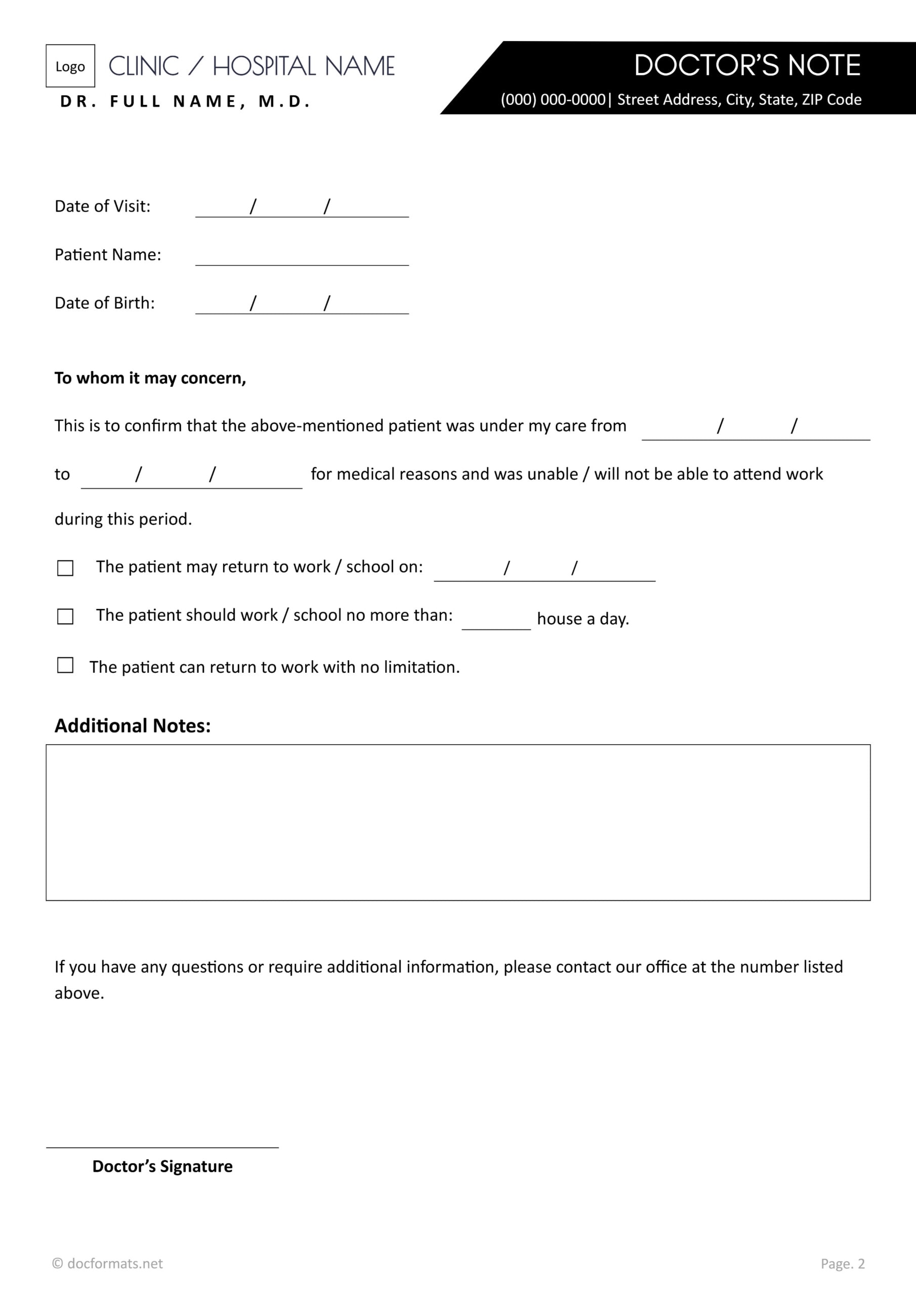 Blank Doctor's Note Template - Word, Google Docs - Page 02