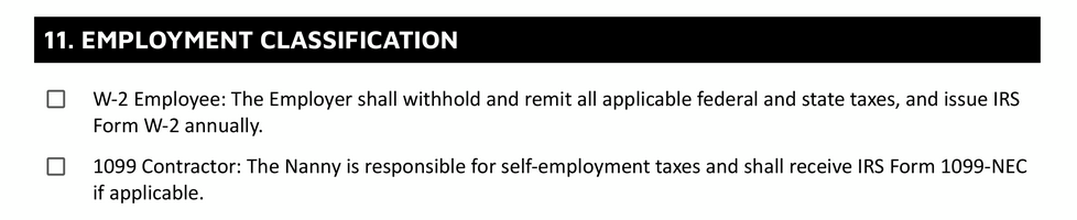 Employment Classification Section of Nanny Contract Template