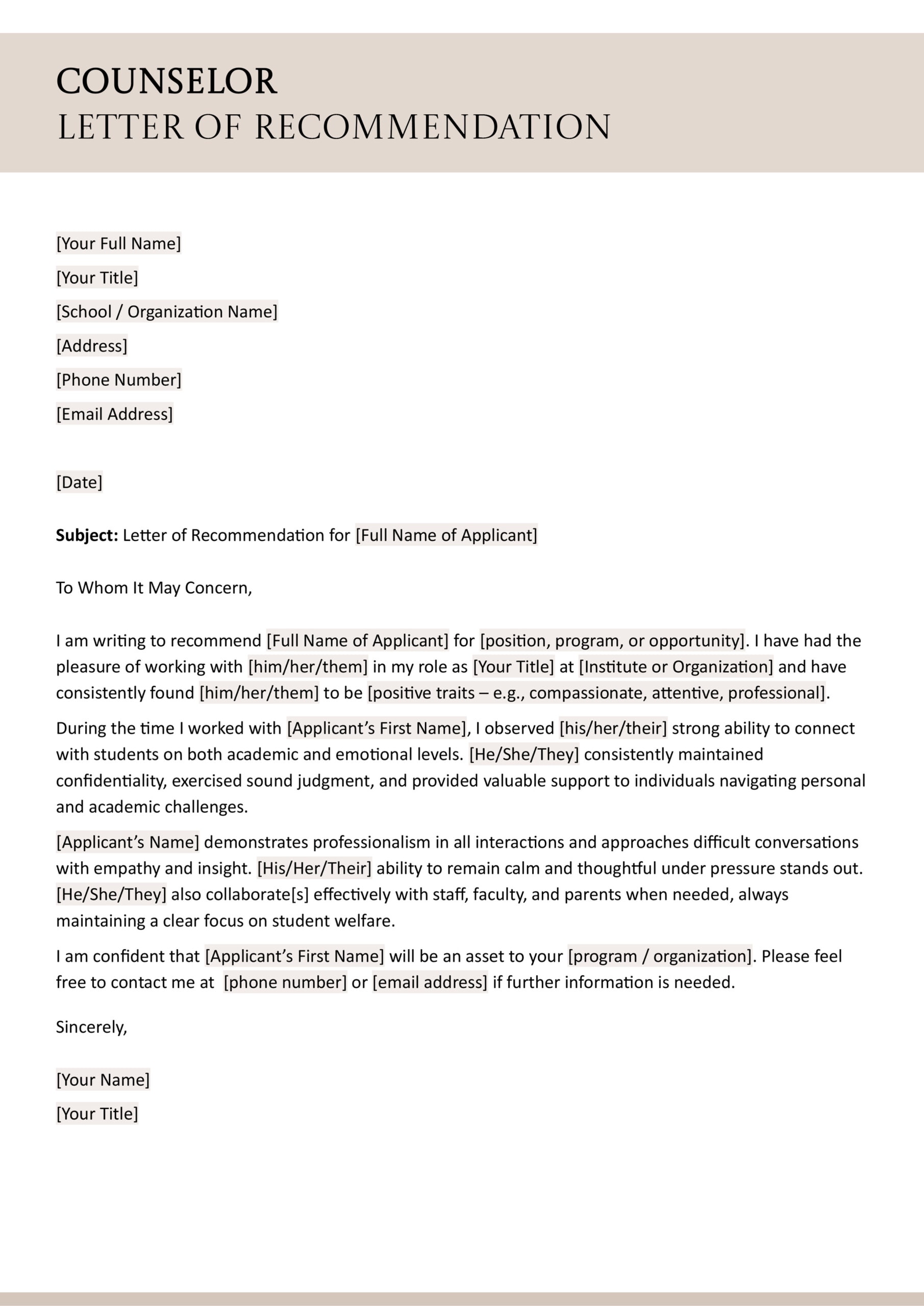 Counselor Letter of Recommendation - Google Docs, Word