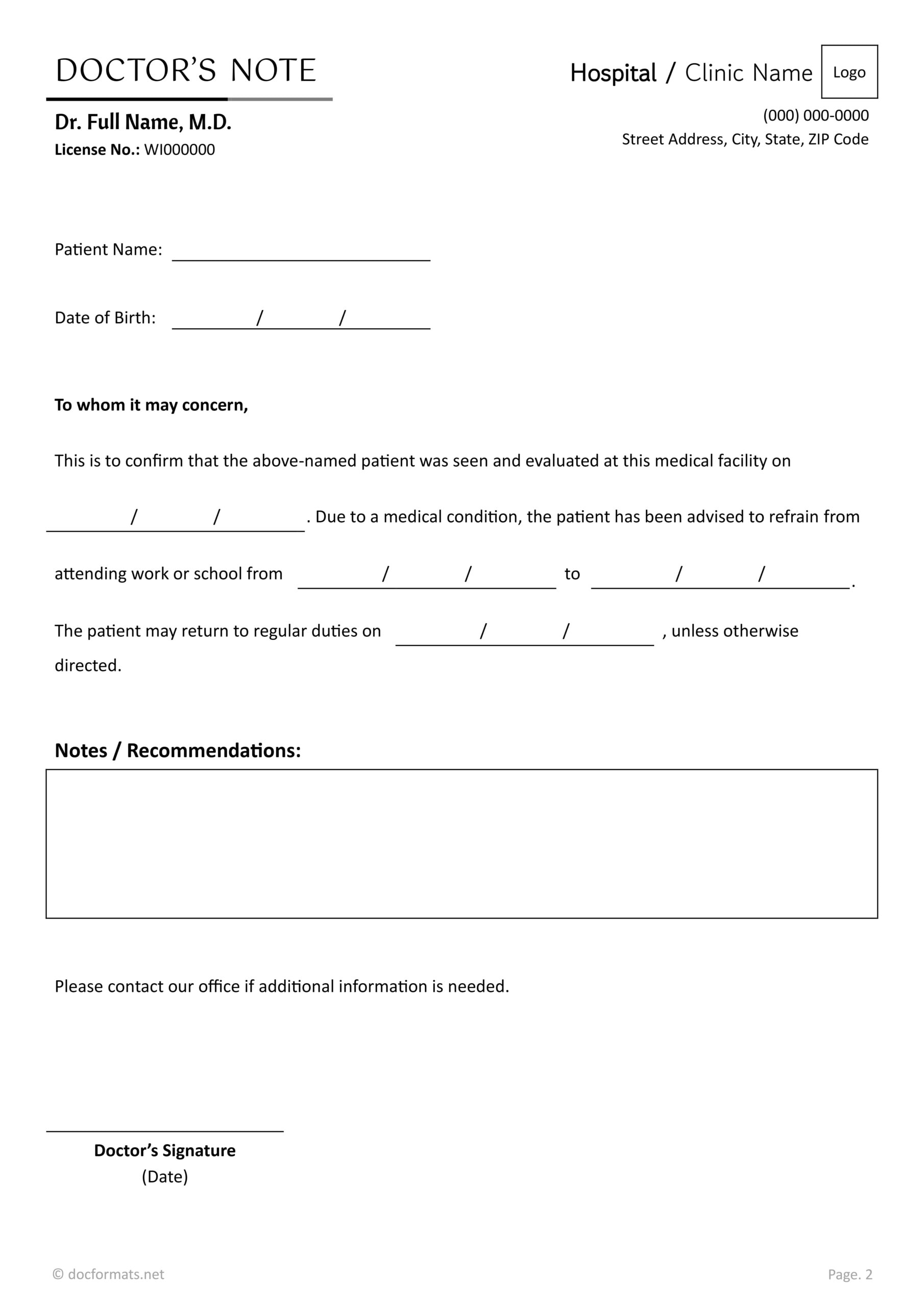 Doctor’s Sick Note Template - Word, Google Docs - Page 02