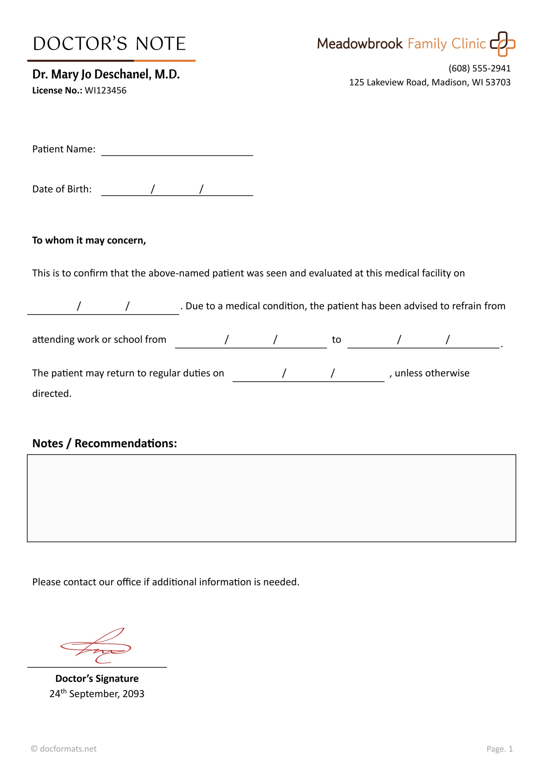 Doctor’s Sick Note Template - Word, Google Docs