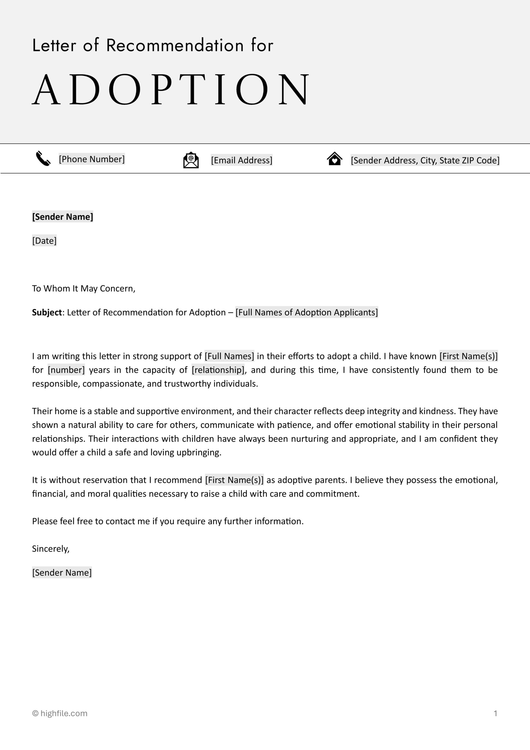 Letter of Recommendation for Adoption - Google Docs, Word