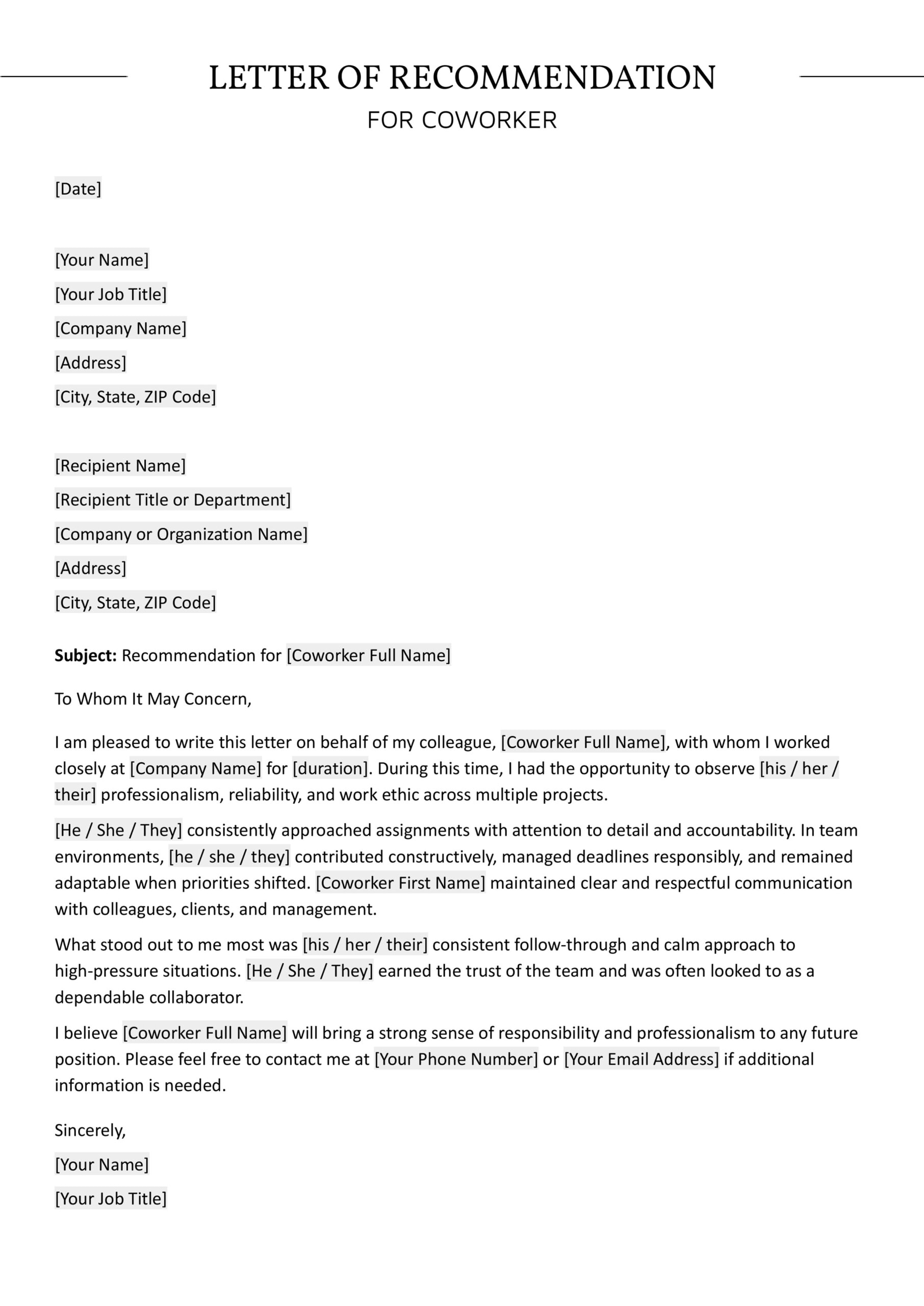 Letter of Recommendation for Coworker - Google Docs, Word