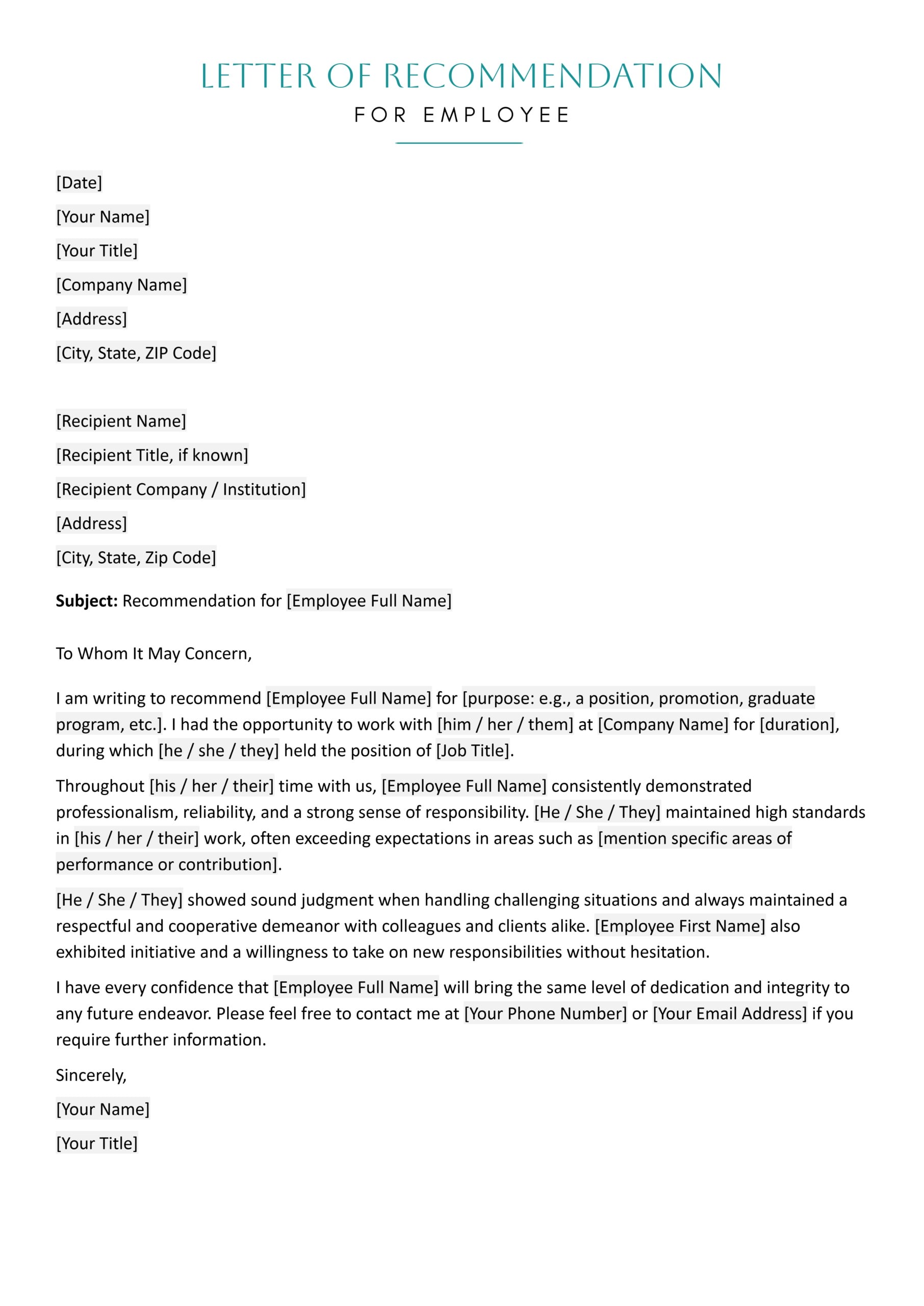 Letter of Recommendation for Employee - Google Docs, Word