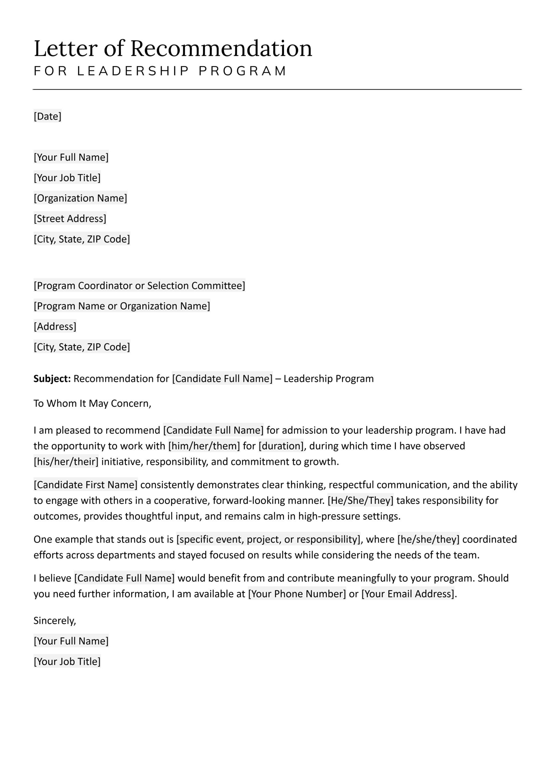 Letter of Recommendation for Leadership Program - Google Docs, Word
