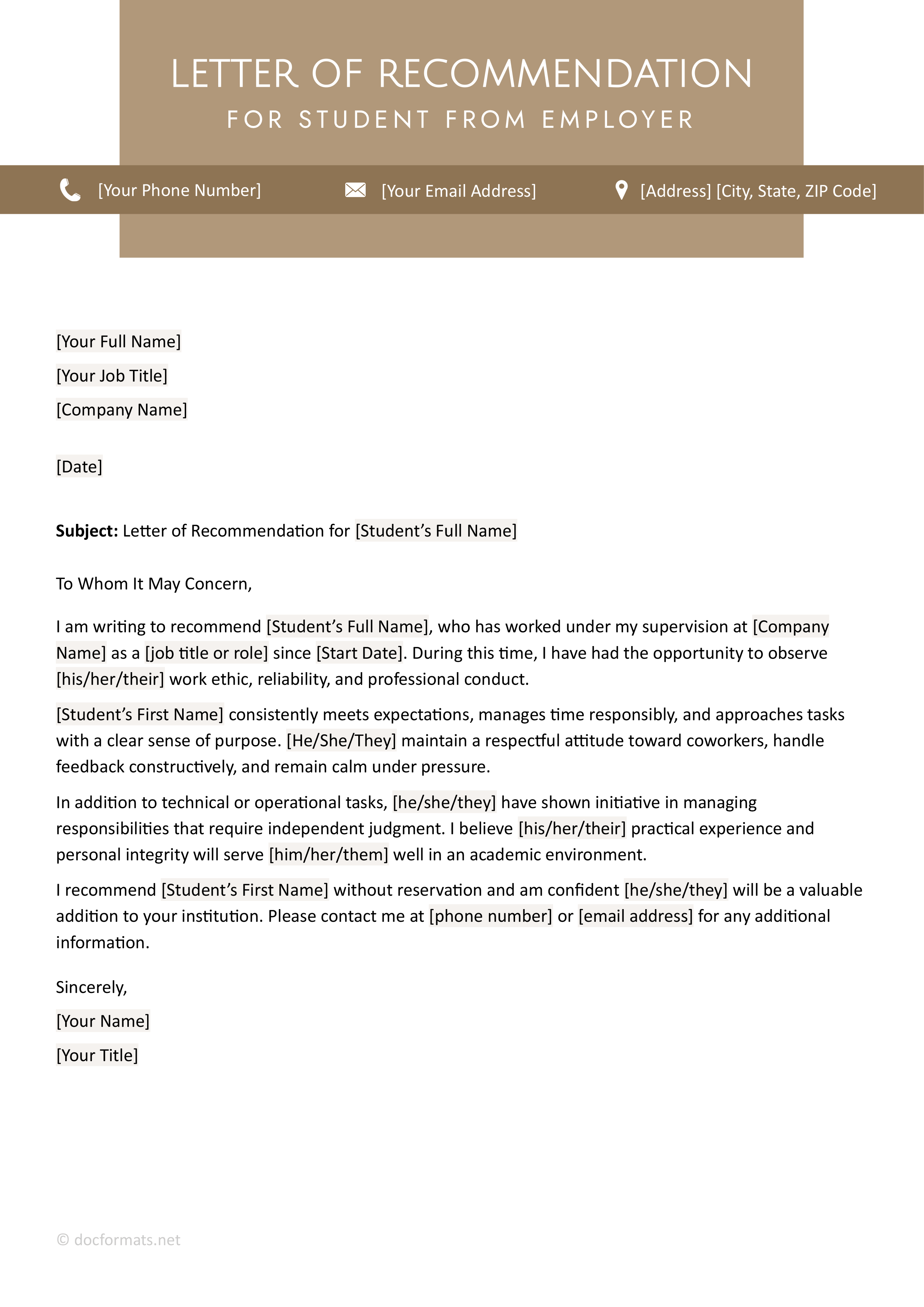 Letter of Recommendation for Student from Employer - Google Docs, Word