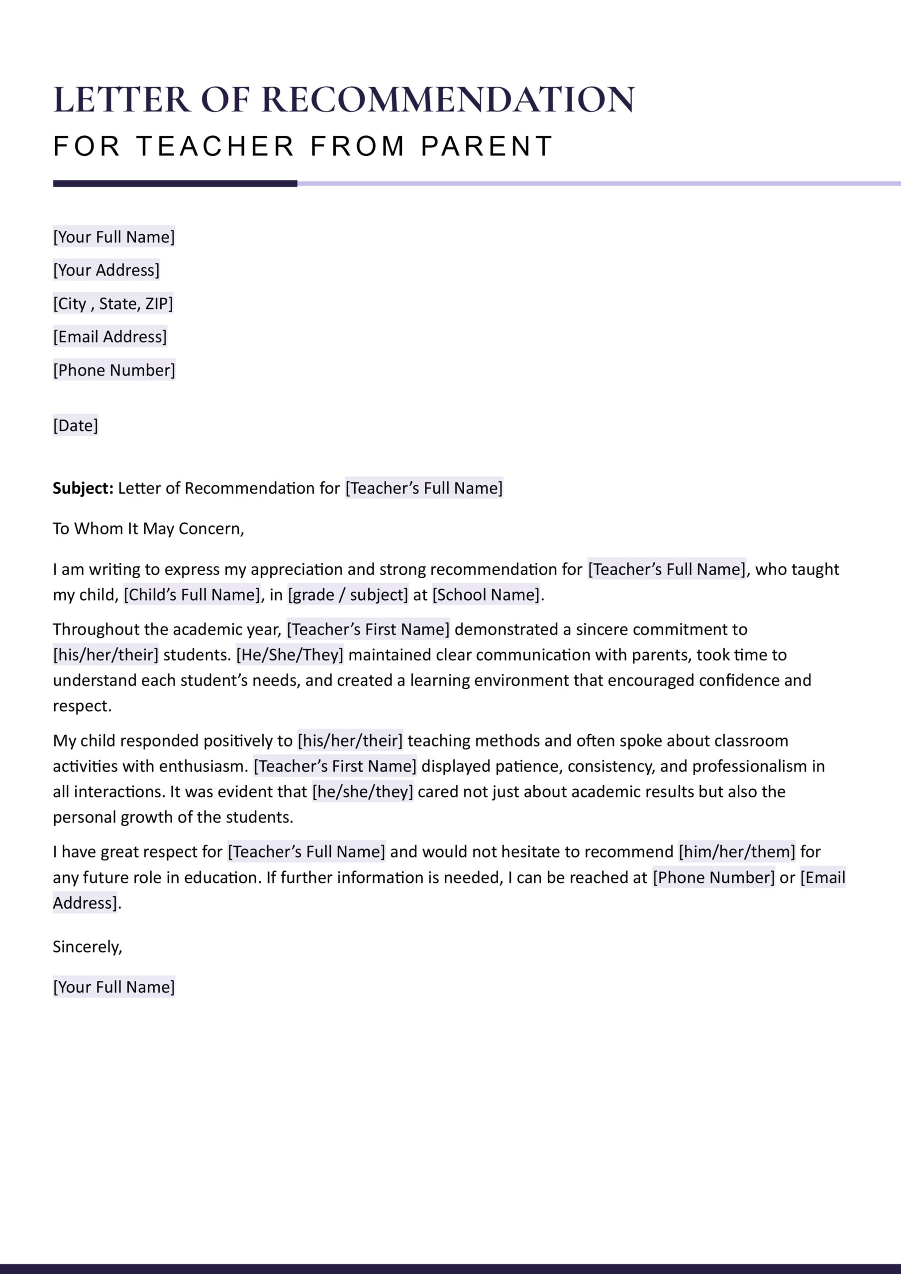 Letter of Recommendation for Teacher from Parent - Google Docs, Word