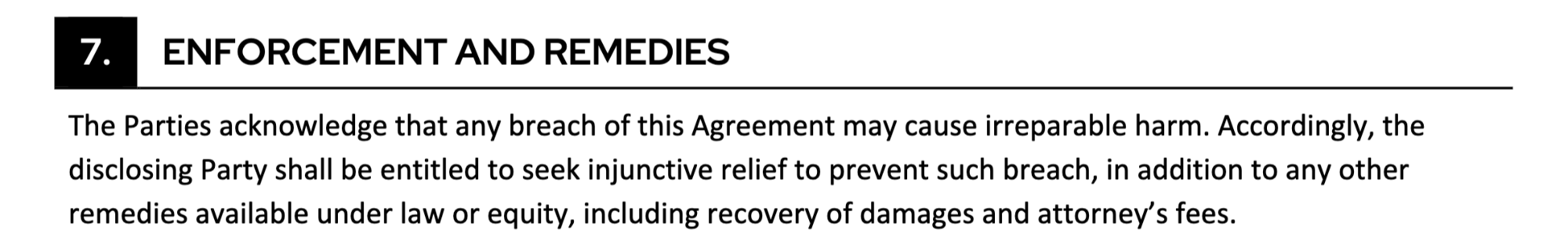 Enforcement and Remedies Section of Non Disclosure Agreement Template