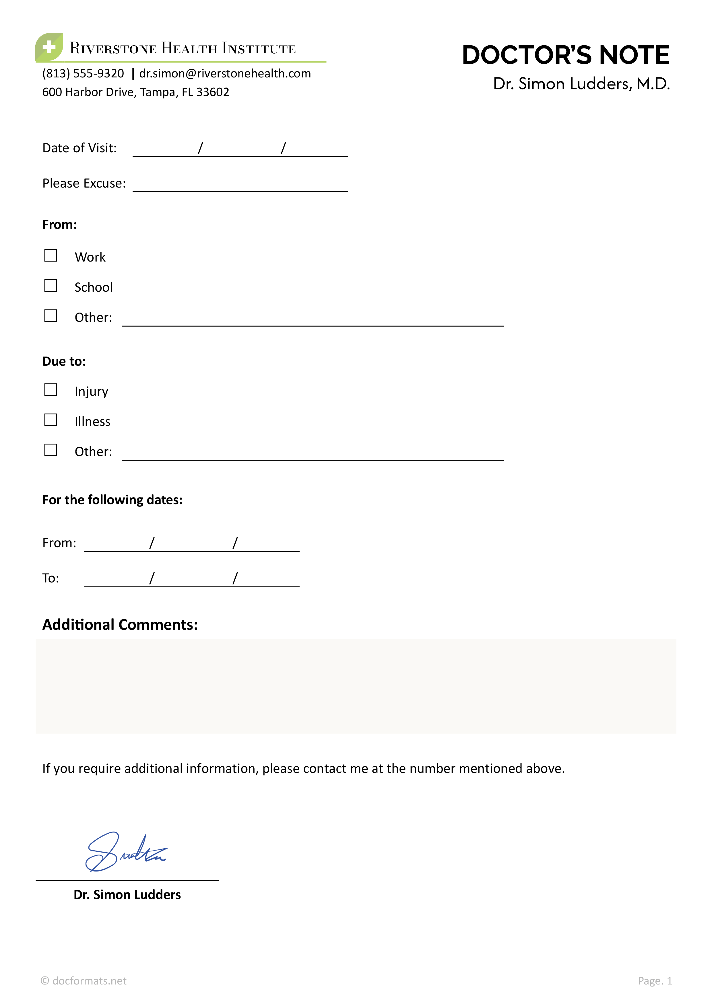 Simple Doctors Note for Work and School - Word, Google Docs