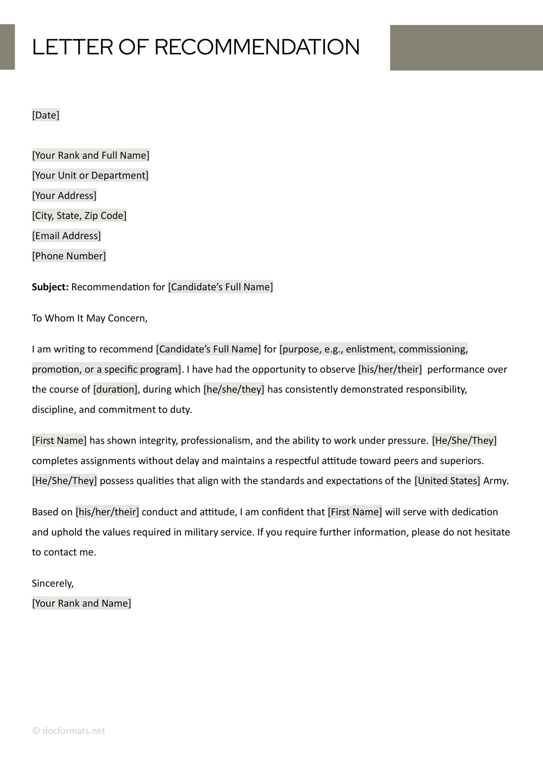 Army Letter of Recommendation - Word, Google Docs