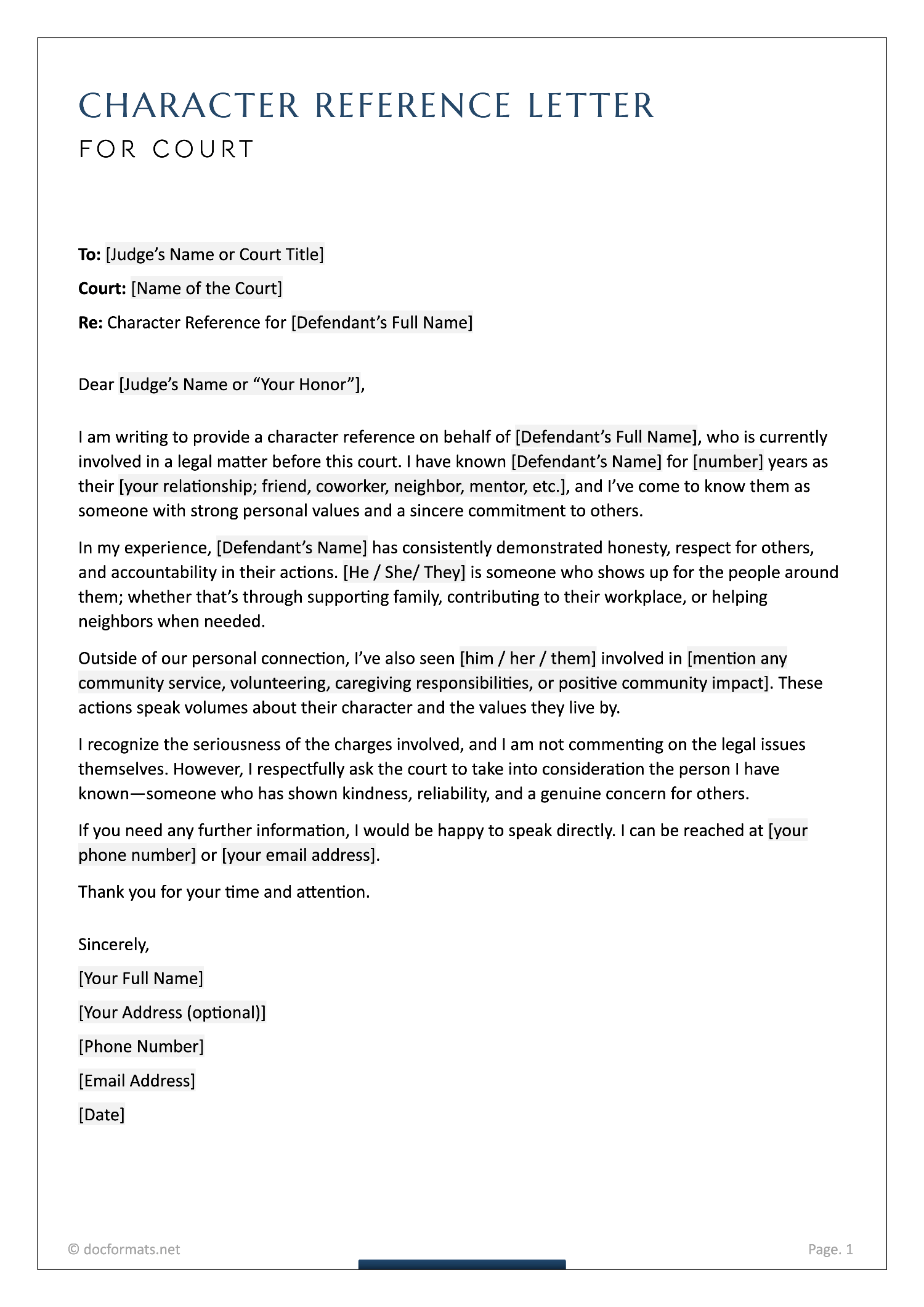 Character Reference Letter for Court - Google Docs, Word