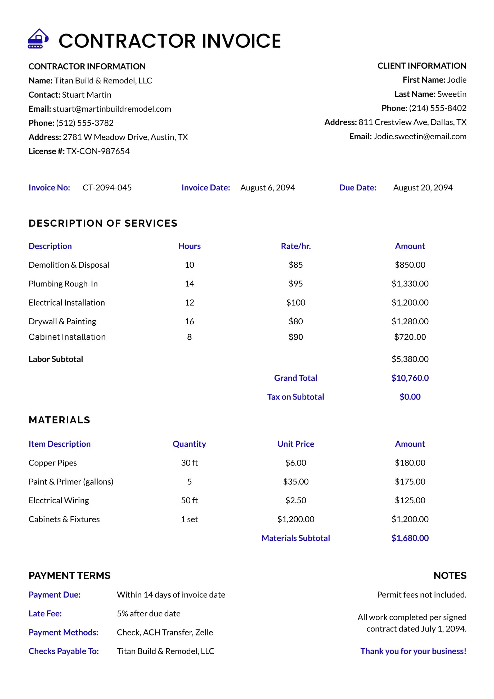 Contractor Invoice Template - Word, Google Docs