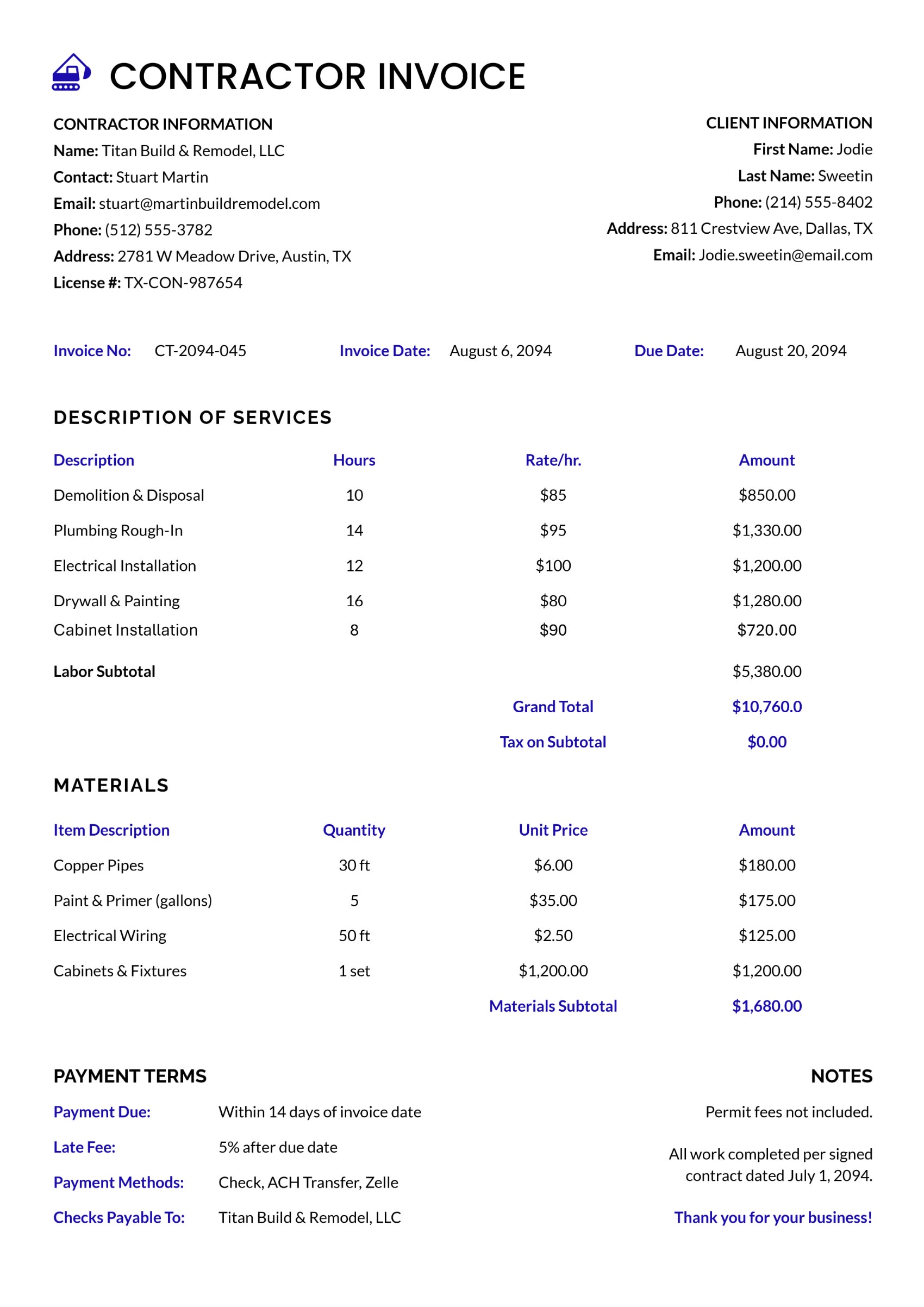 Contractor Invoice Template - Word | Google Docs - DocFormats.net