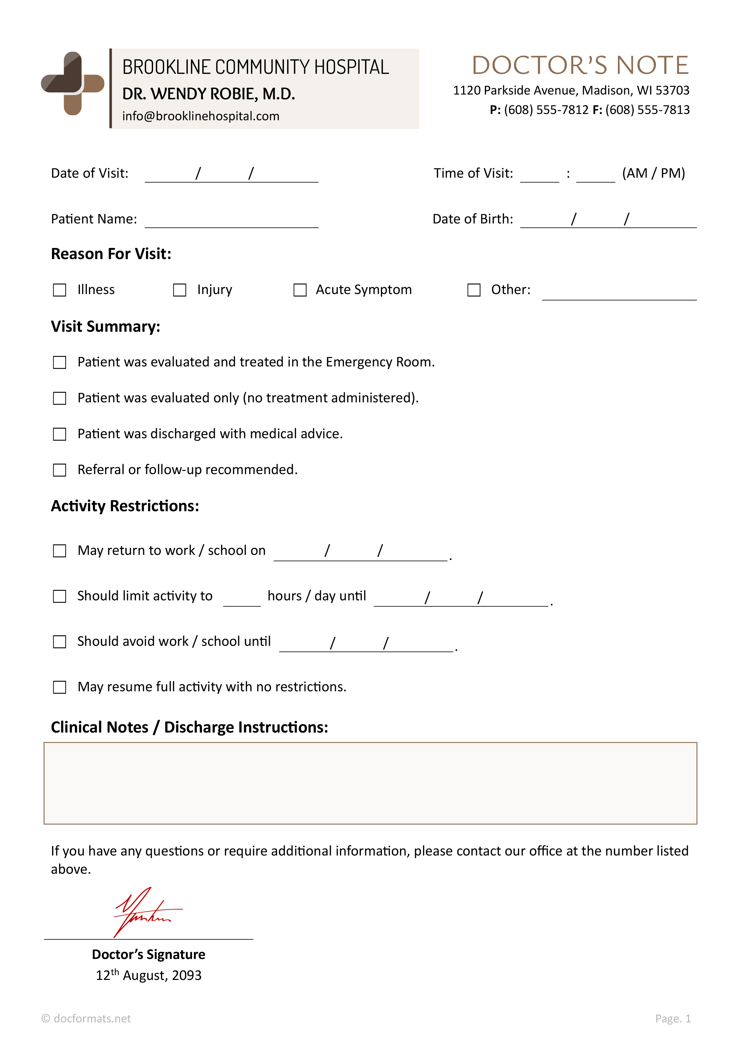 Emergency Room Doctor’s Note Template - Word, Google Docs