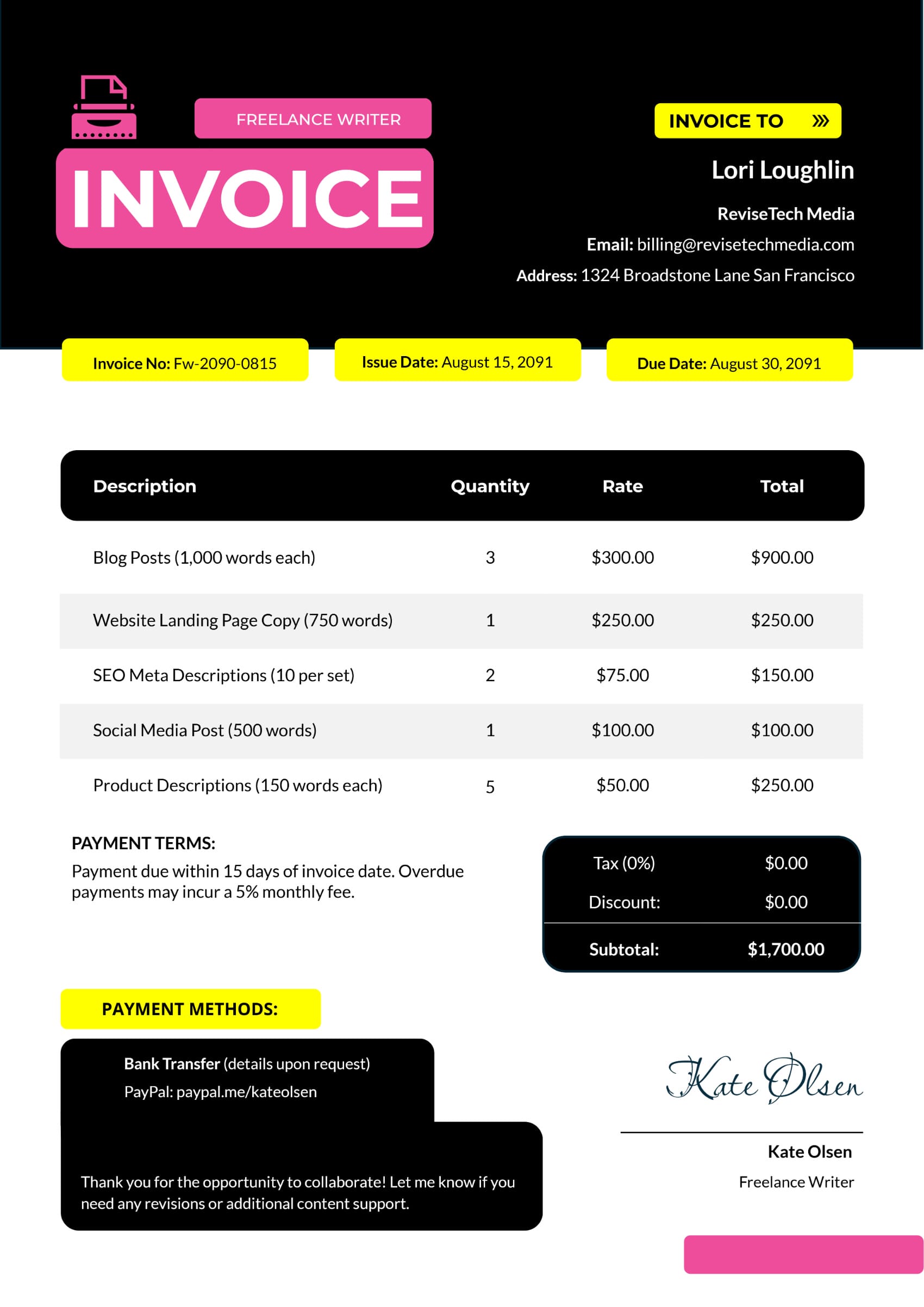 Freelance Writer Invoice Template - Word, Google Docs