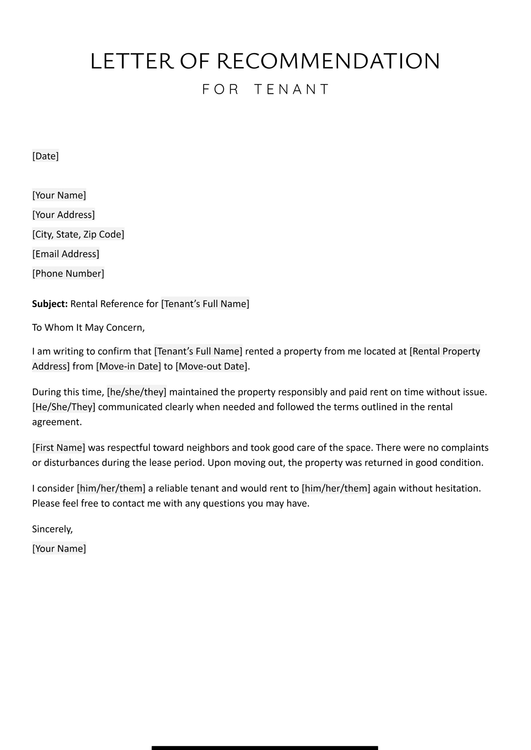 Letter of Recommendation for Tenant - Word, Google Docs