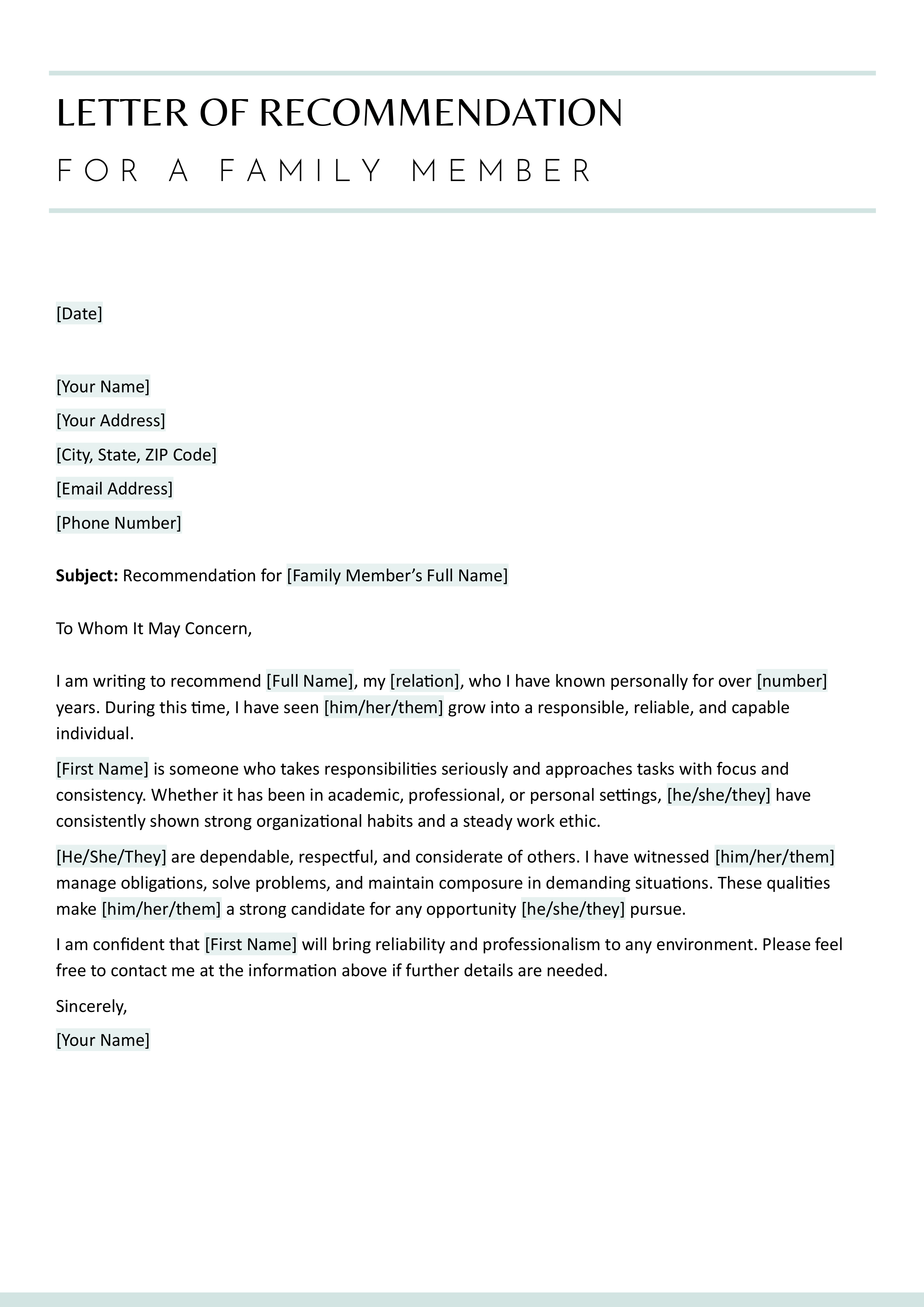 Letter of Recommendation for a Family Member - Word, Google Docs