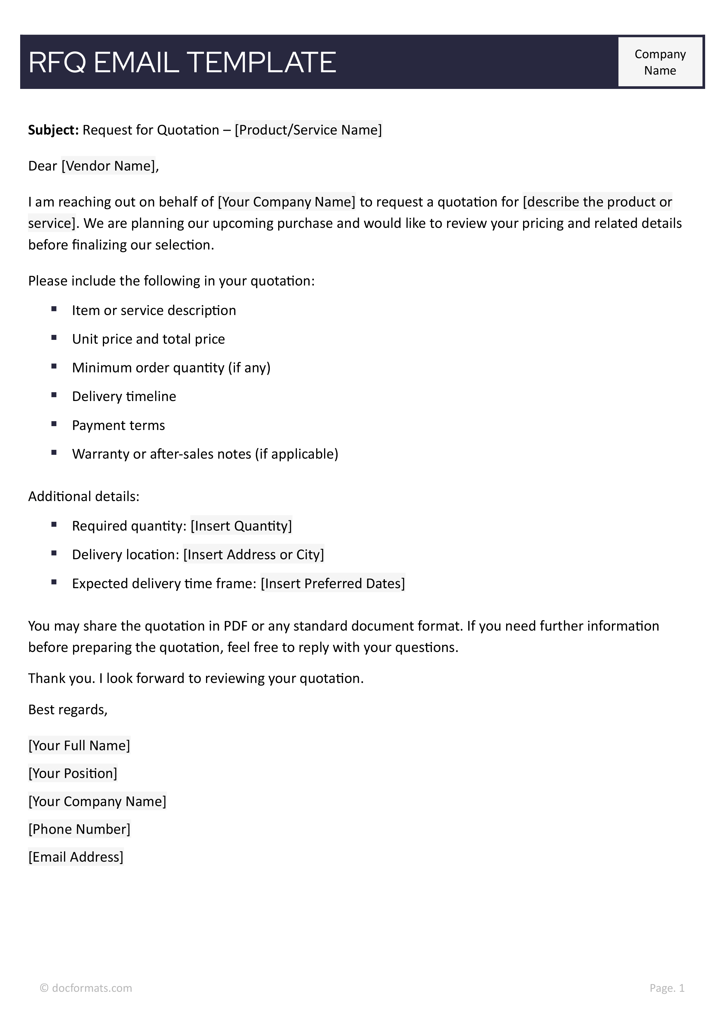 RFQ Email Template - Word, Google Docs