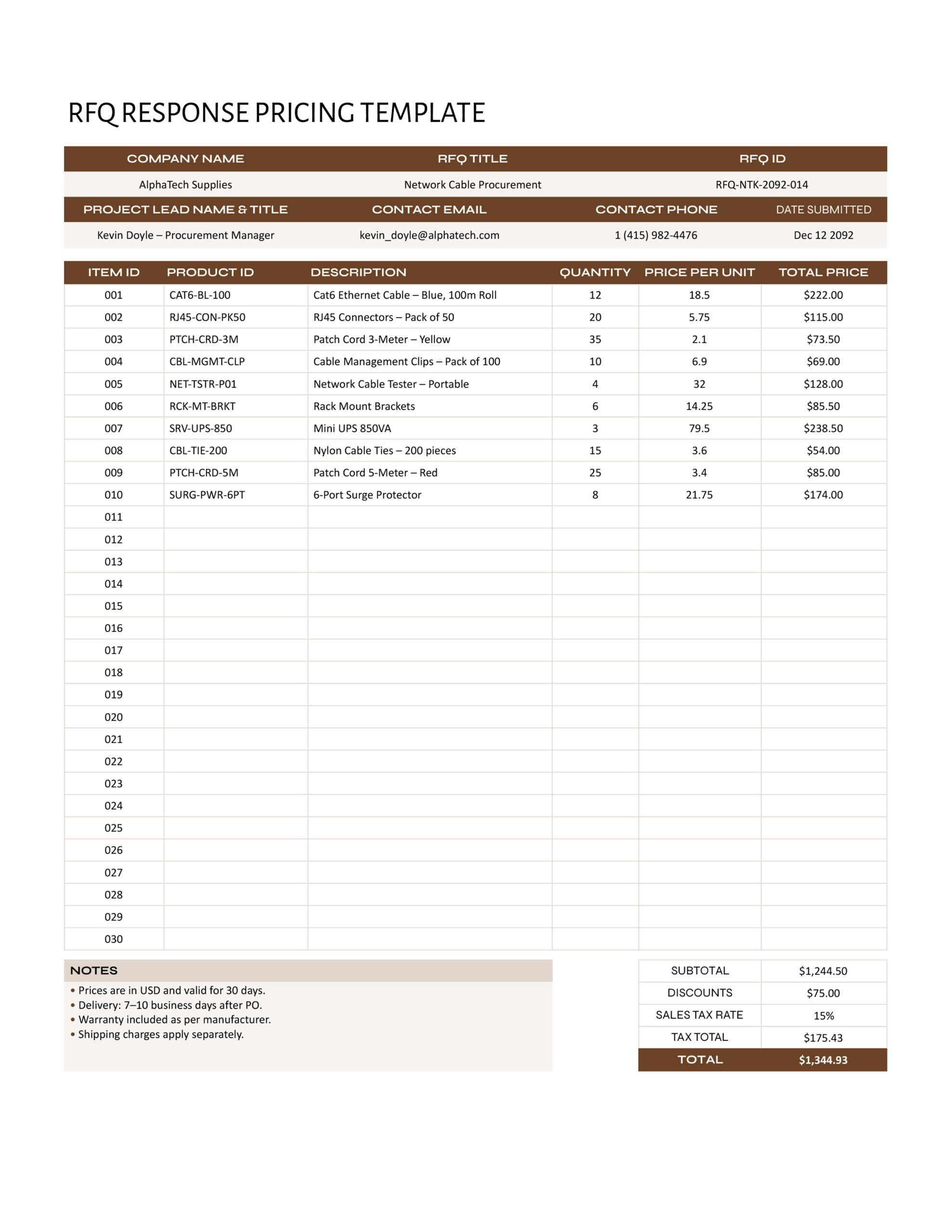 RFQ Response Template - Excel, Google Sheets