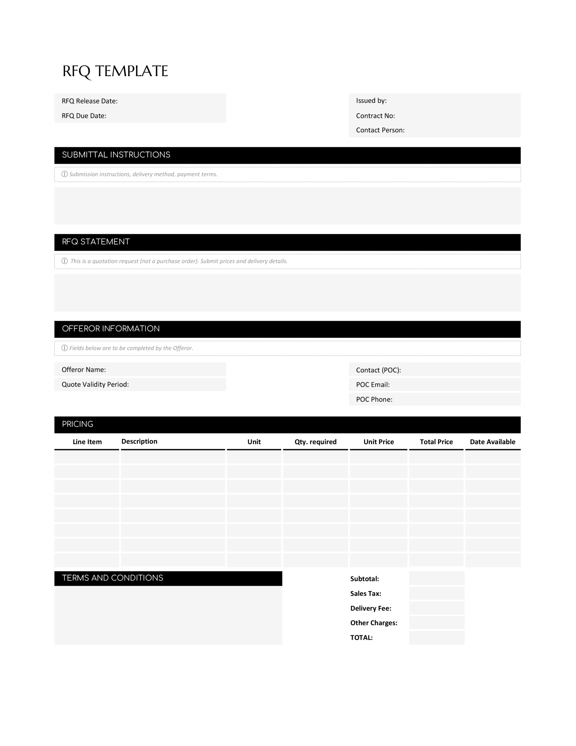 RFQ Template - Excel, Google Sheets