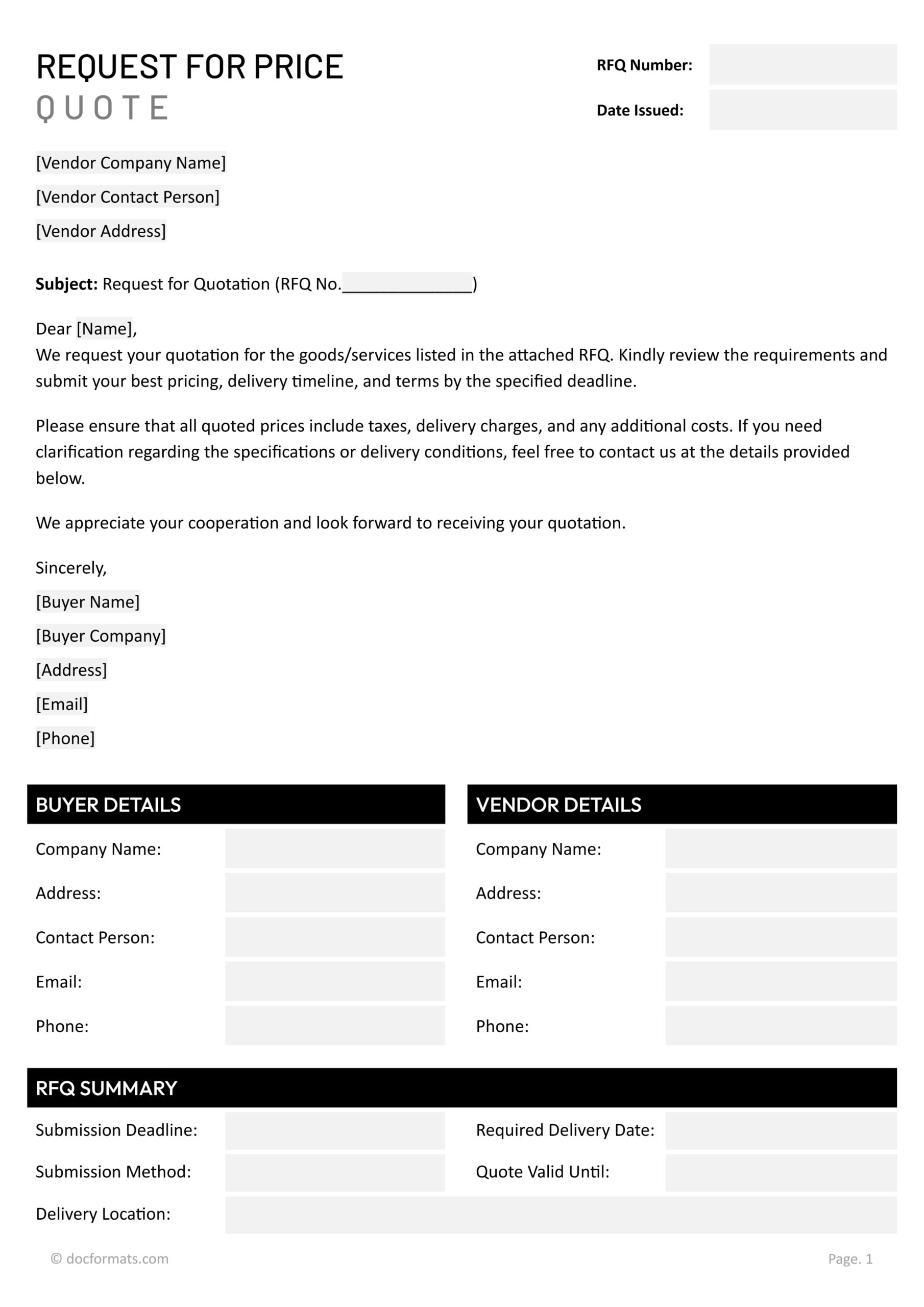 Request for Price Quote Template - Word, Google Docs