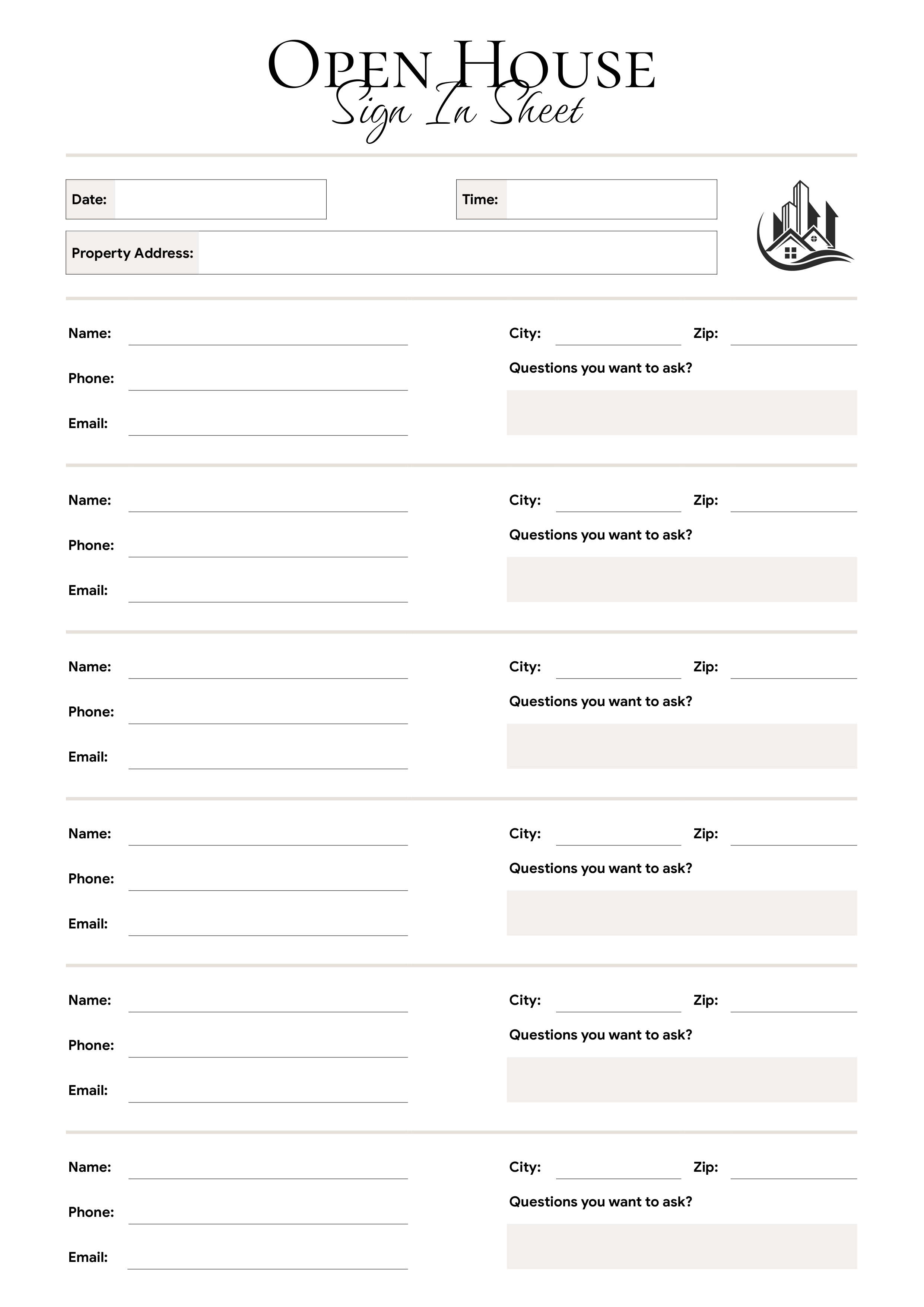 Detailed Open House Sign In Sheet (with Question) - Word, Google Docs