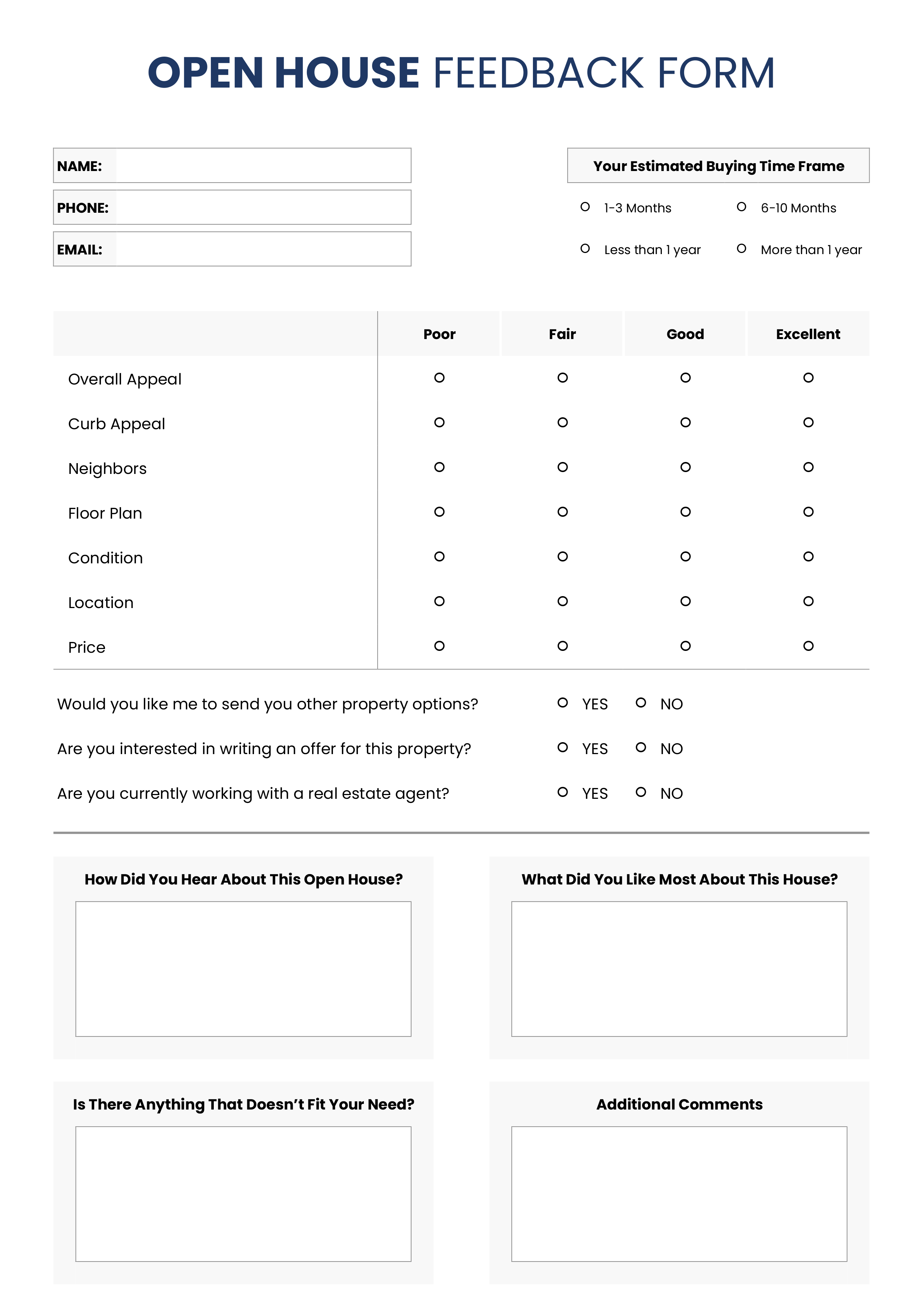 Editable Realtor Open House Feedback Form Template - Word, Google Docs